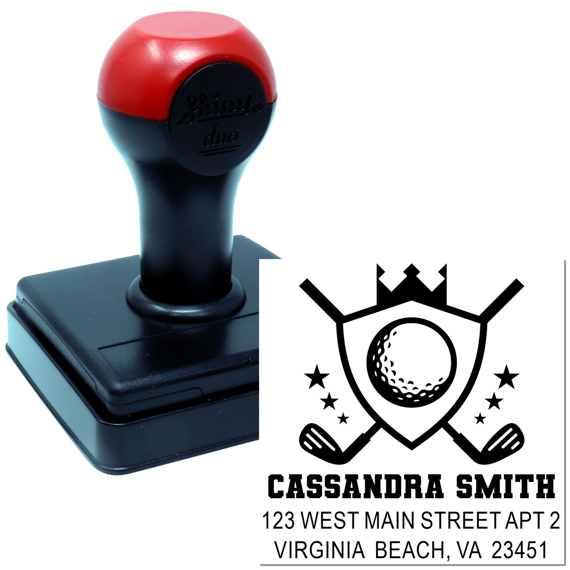 Custom self-inking golf rubber stamp with logo, name, and address for personalized mailing and branding.