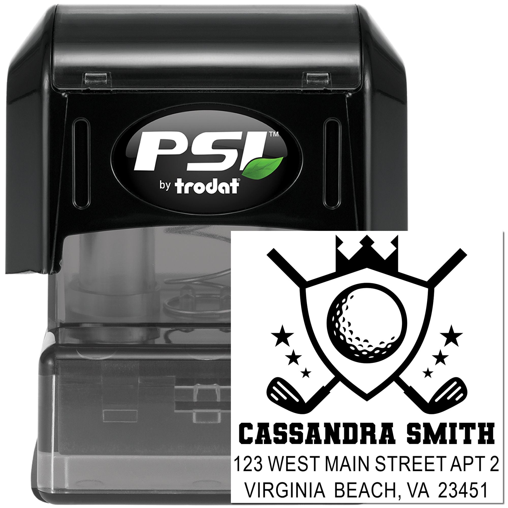 PSI by Trodat self-inking custom rubber stamp with golf-themed name and address for personalized mailing.