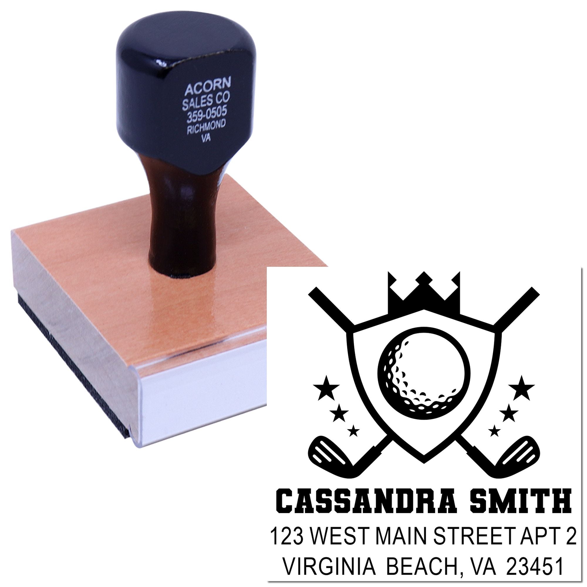 Custom golf address rubber stamp with name and Virginia Beach, VA return address for personalized mailing