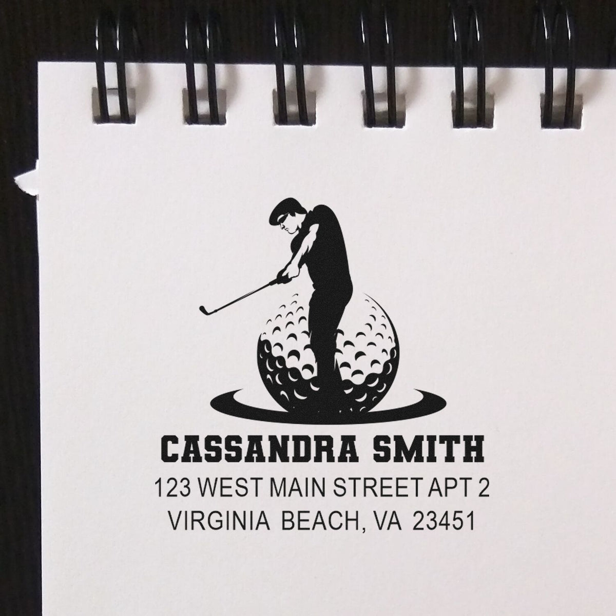 Custom golf address rubber stamp for Cassandra Smith, Virginia Beach, VA, featuring golfer logo for mailing and branding.