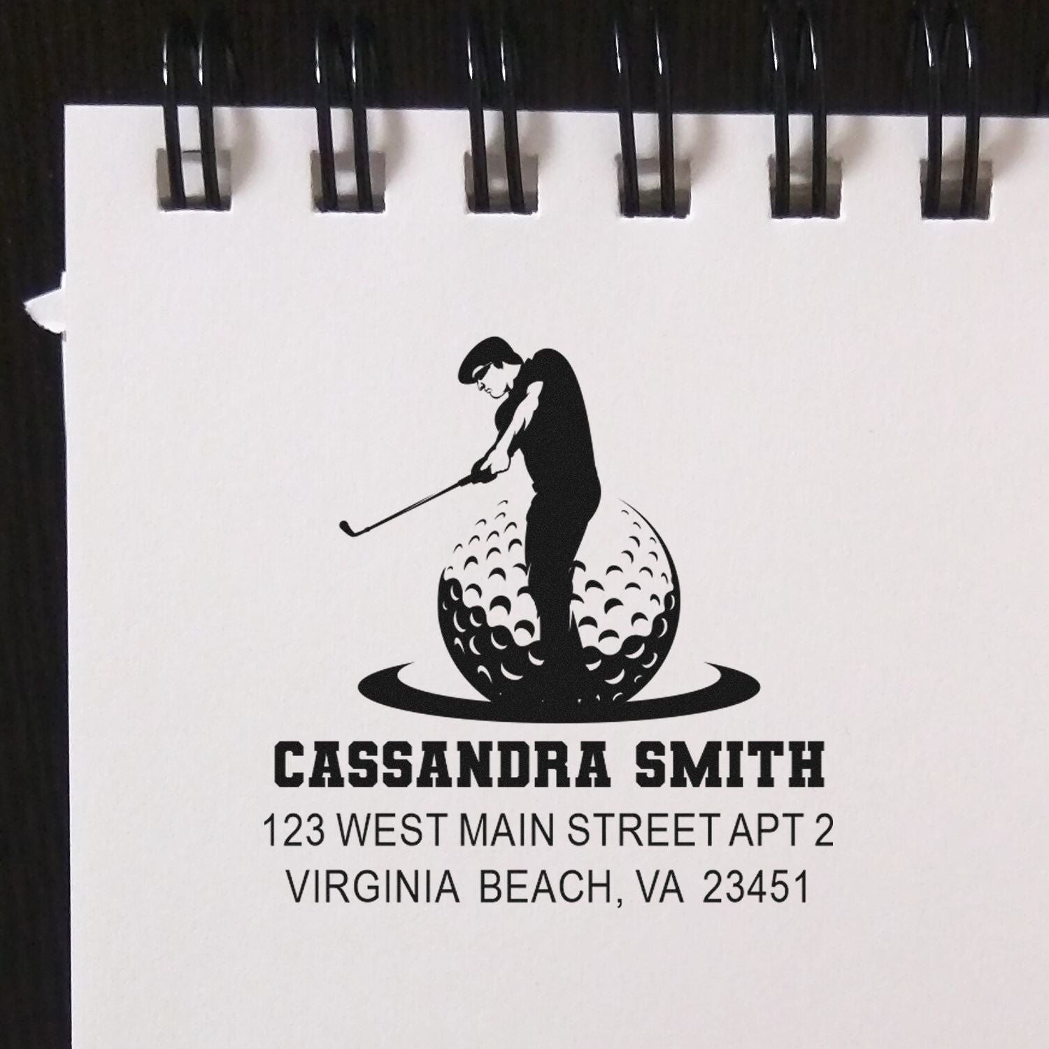 Custom golf return address rubber stamp for Cassandra Smith, Virginia Beach, VA, with golfer logo and address design.