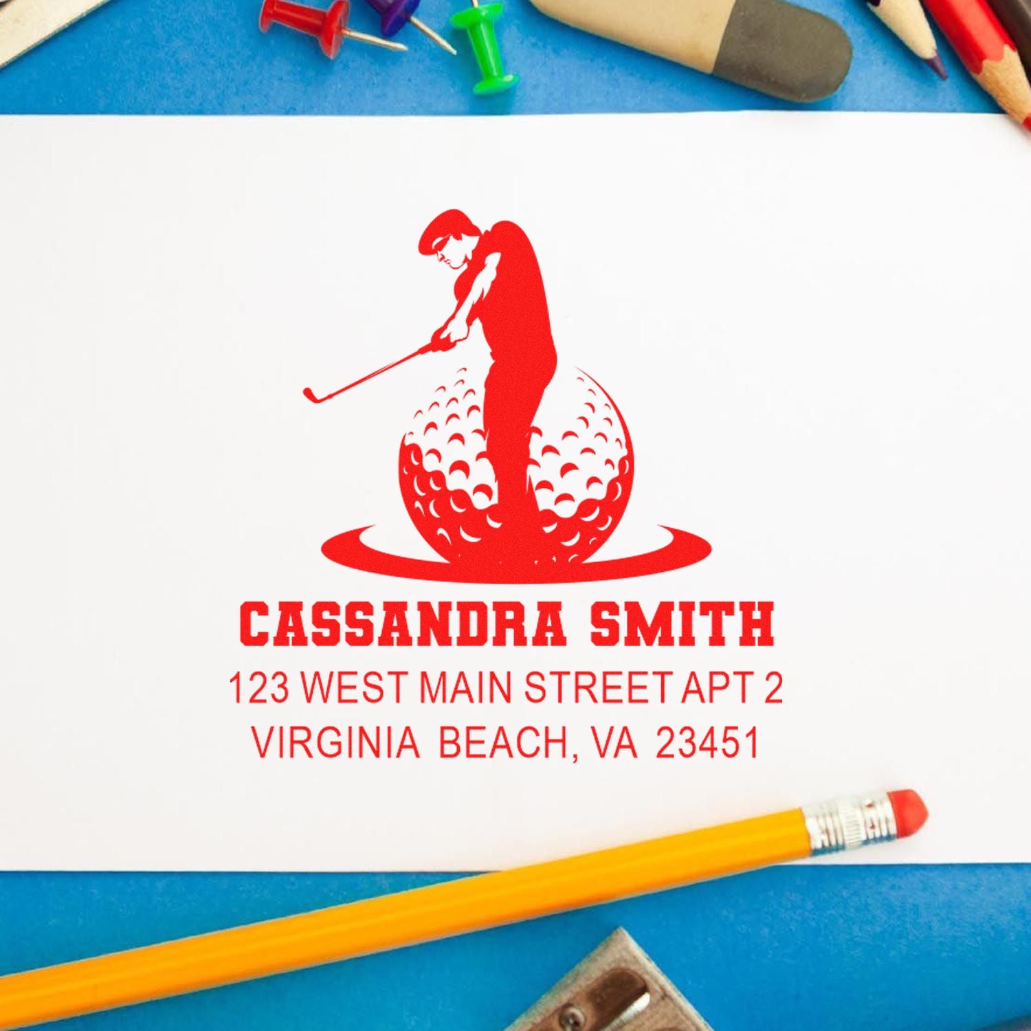 Personalized golf address rubber stamp with name and Virginia Beach address on white paper