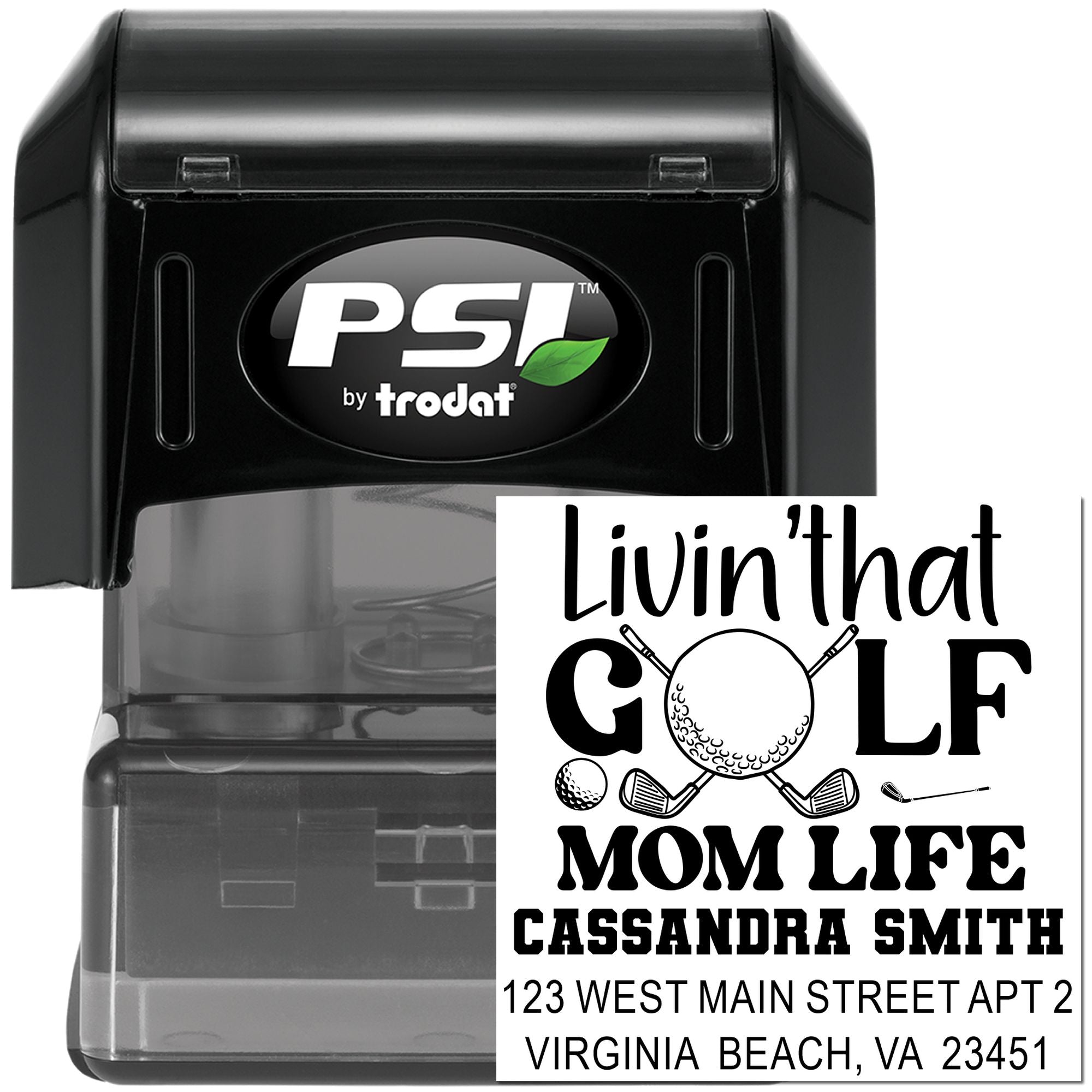 PSI by Trodat self-inking rubber stamp with custom Golf Mom Life address design for personalized mail and gifts.