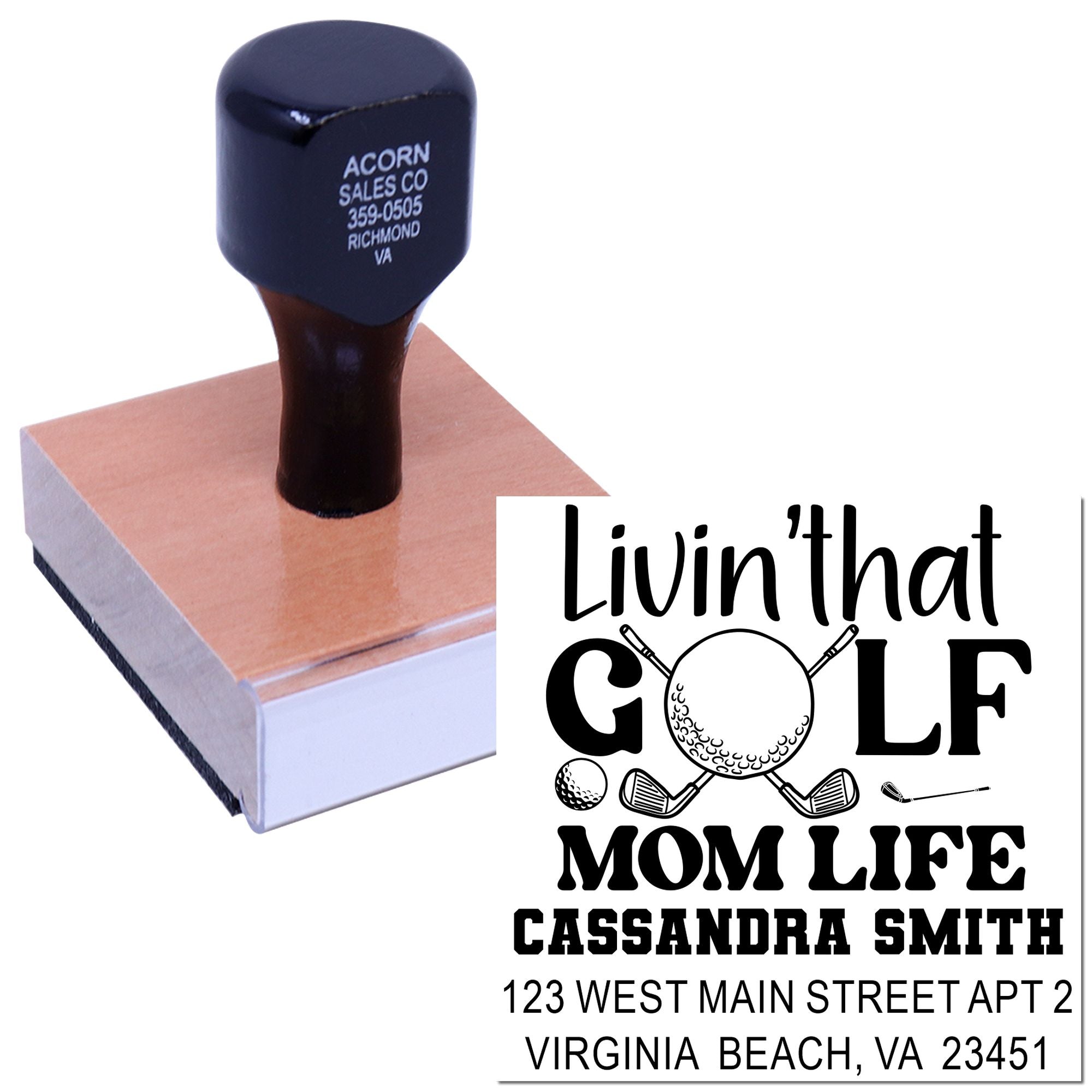 Custom self-inking address rubber stamp with golf mom design for personalized envelopes and mailings.