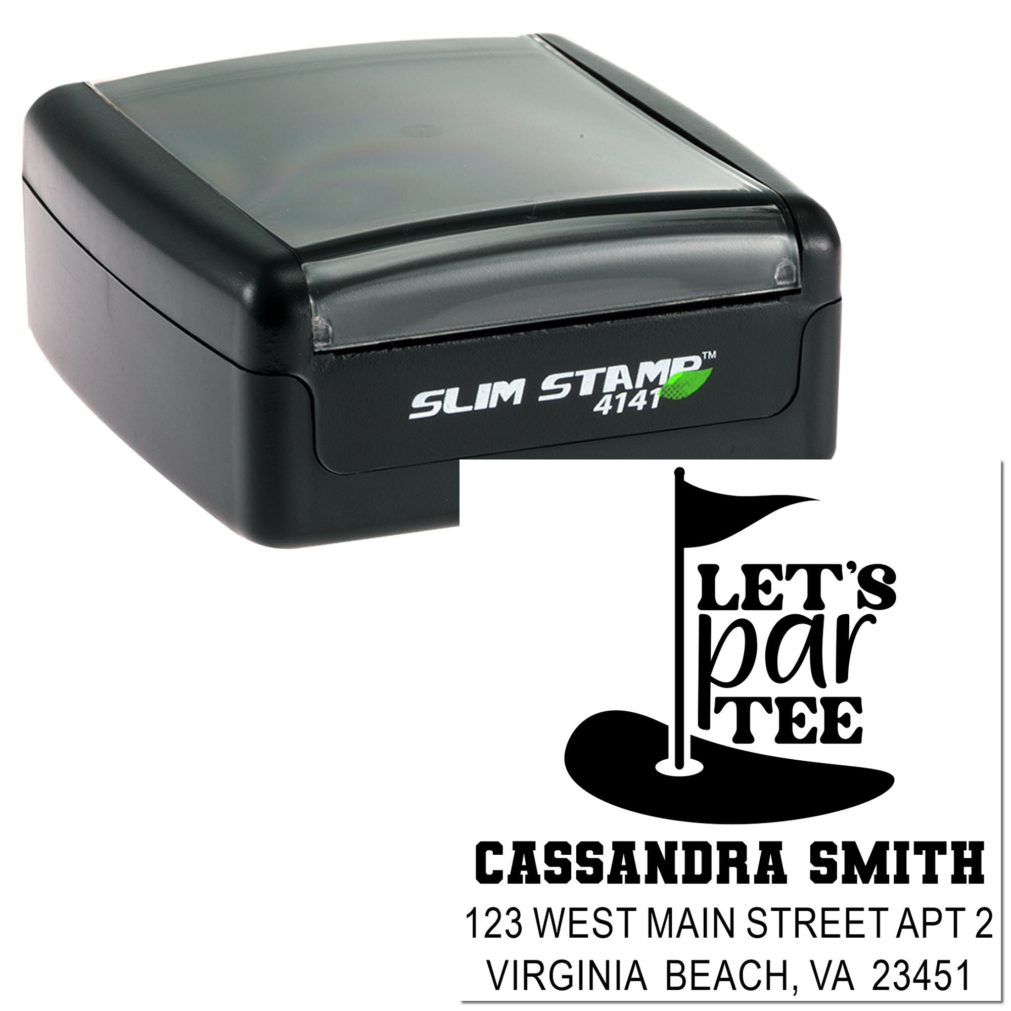 Custom self-inking rubber stamp with golf tee design and personalized name, address, and Lets parTEE imprint.