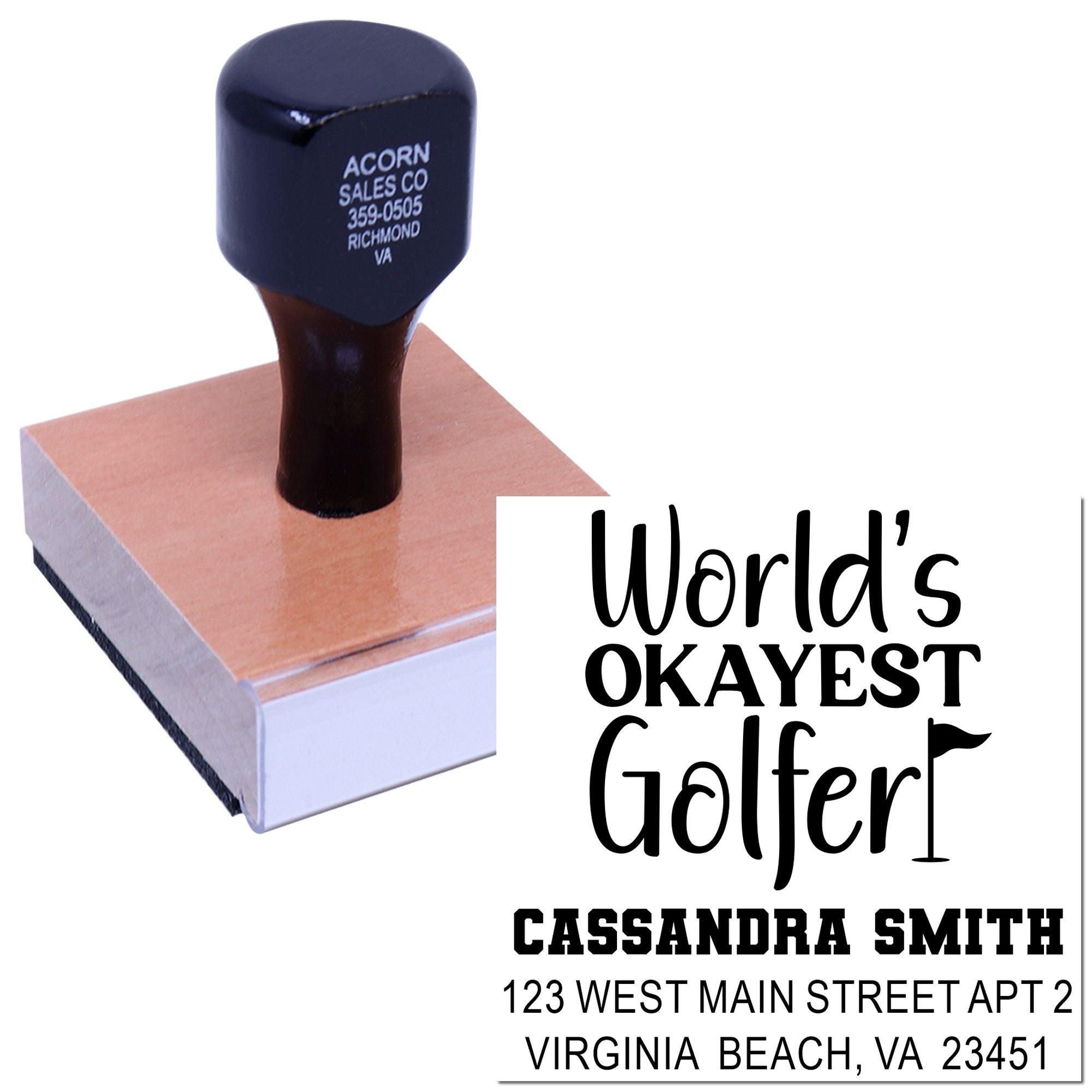 Self-inking custom rubber stamp with Worlds Okayest Golfer return address design for personalized golf mailings.