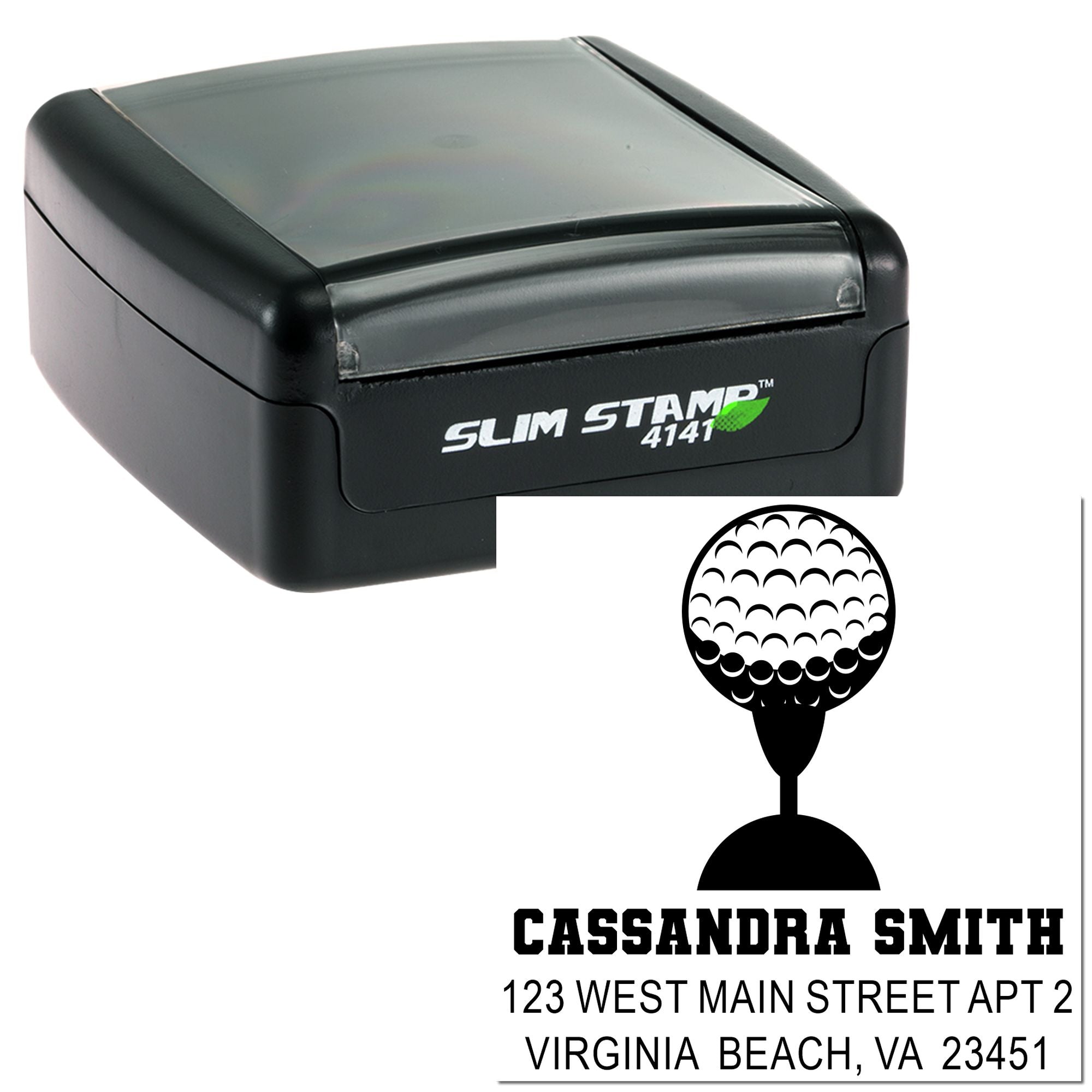 Personalized golf return address rubber stamp with Slim Stamp self-inking case for custom mailing labels.