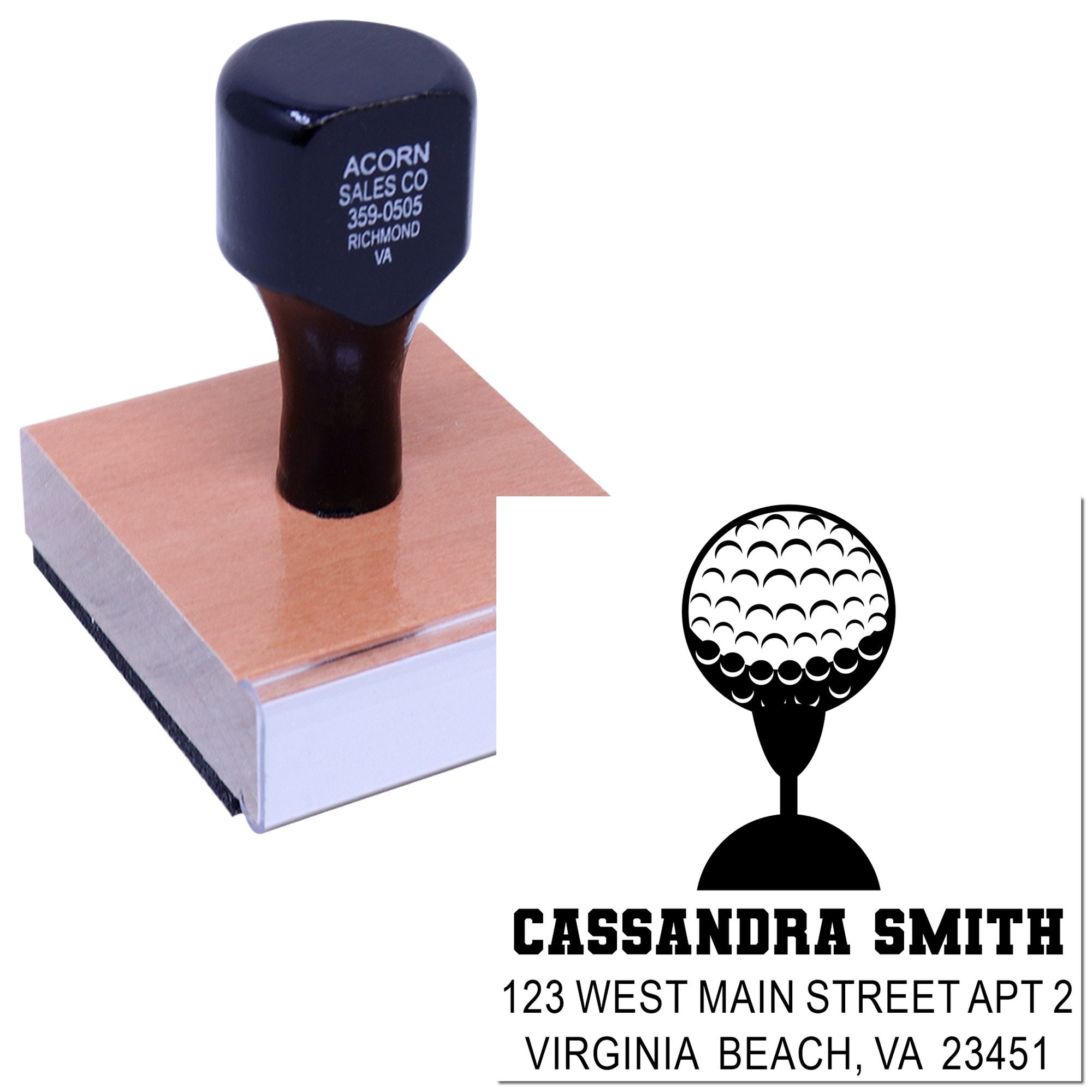 Personalized golf-themed rubber address stamp with name and Virginia Beach, VA mailing address.