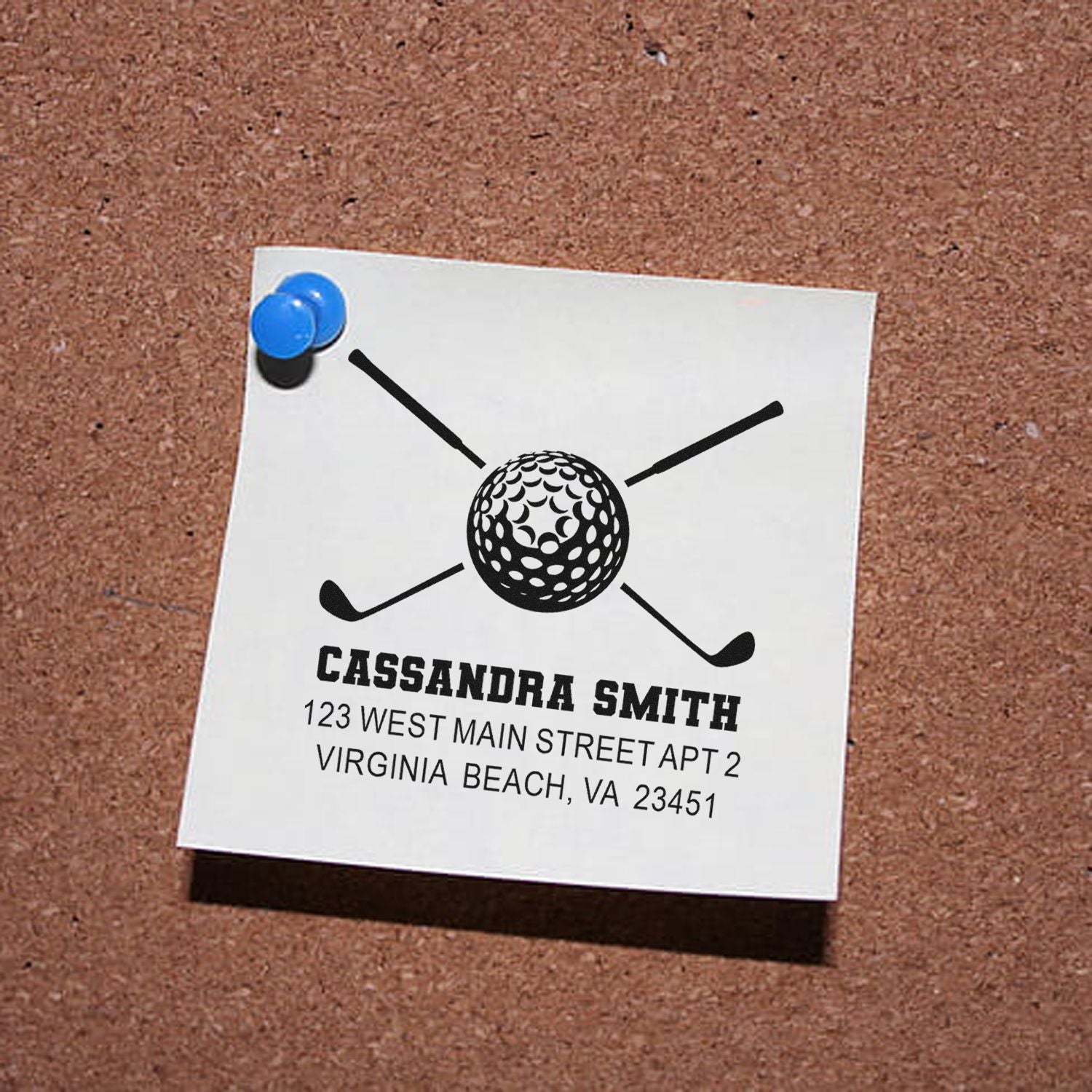 Custom golf return address rubber stamp with golf ball and clubs design for personalized mailing and stationery.