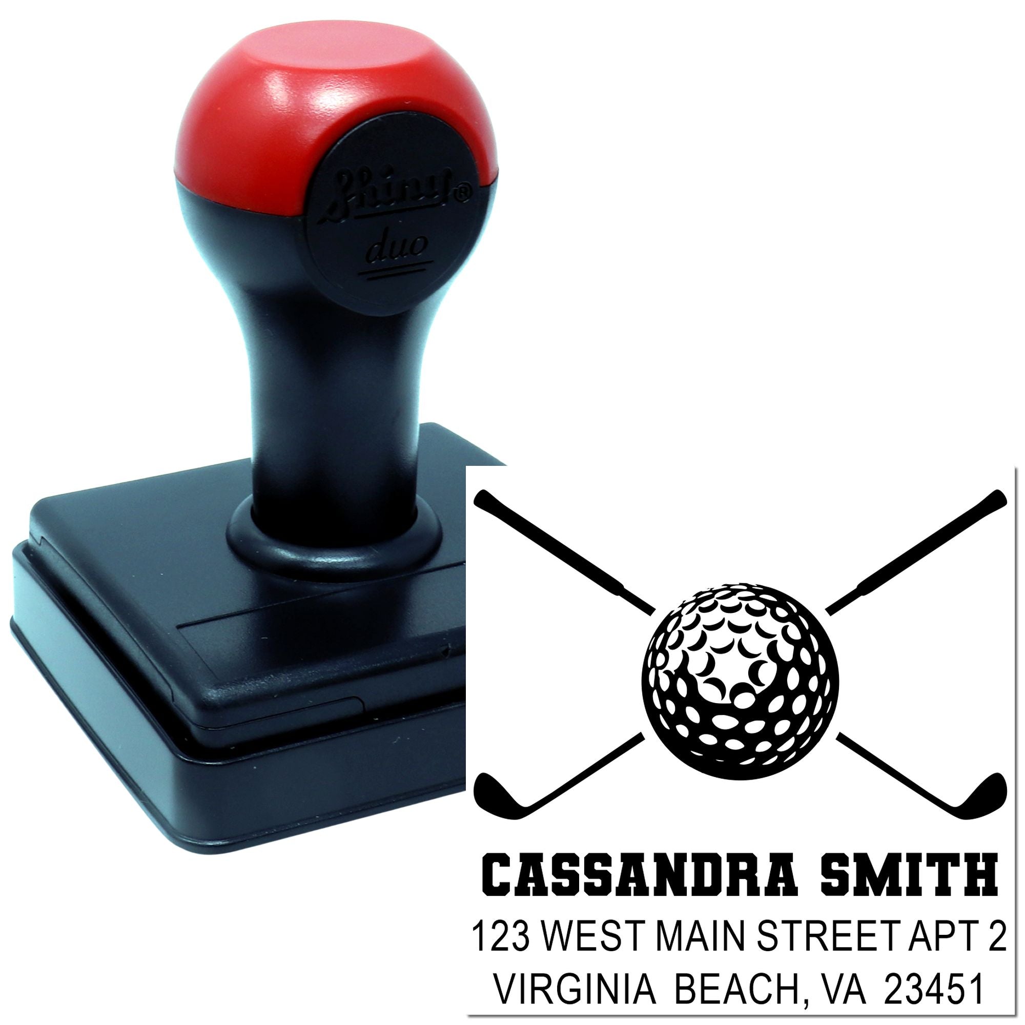 Personalized golf rubber stamp with crossed clubs logo, name, and return address for custom mailing labels.