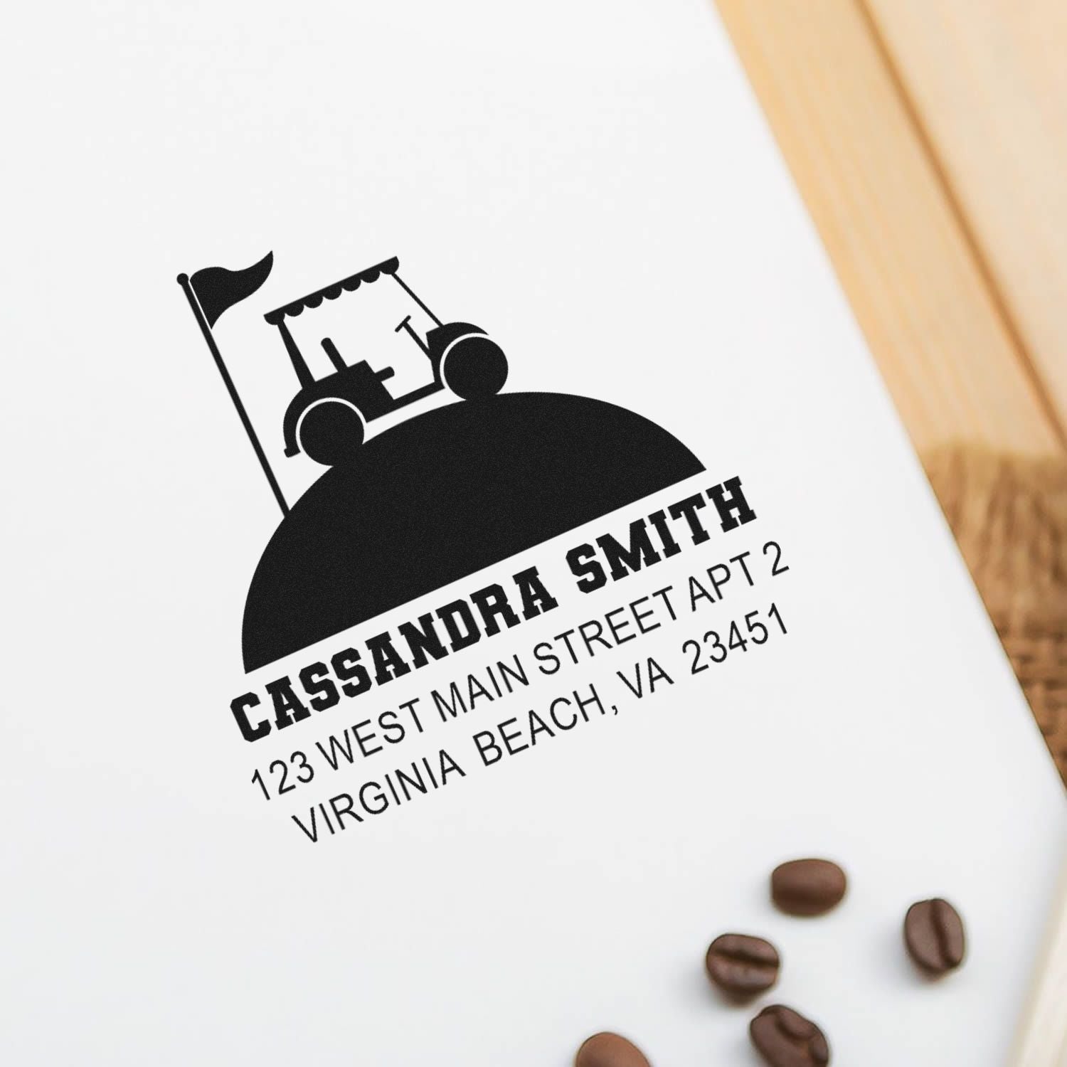 Personalized rubber return address stamp with tractor logo for Cassandra Smith, street address, and Virginia Beach, VA.