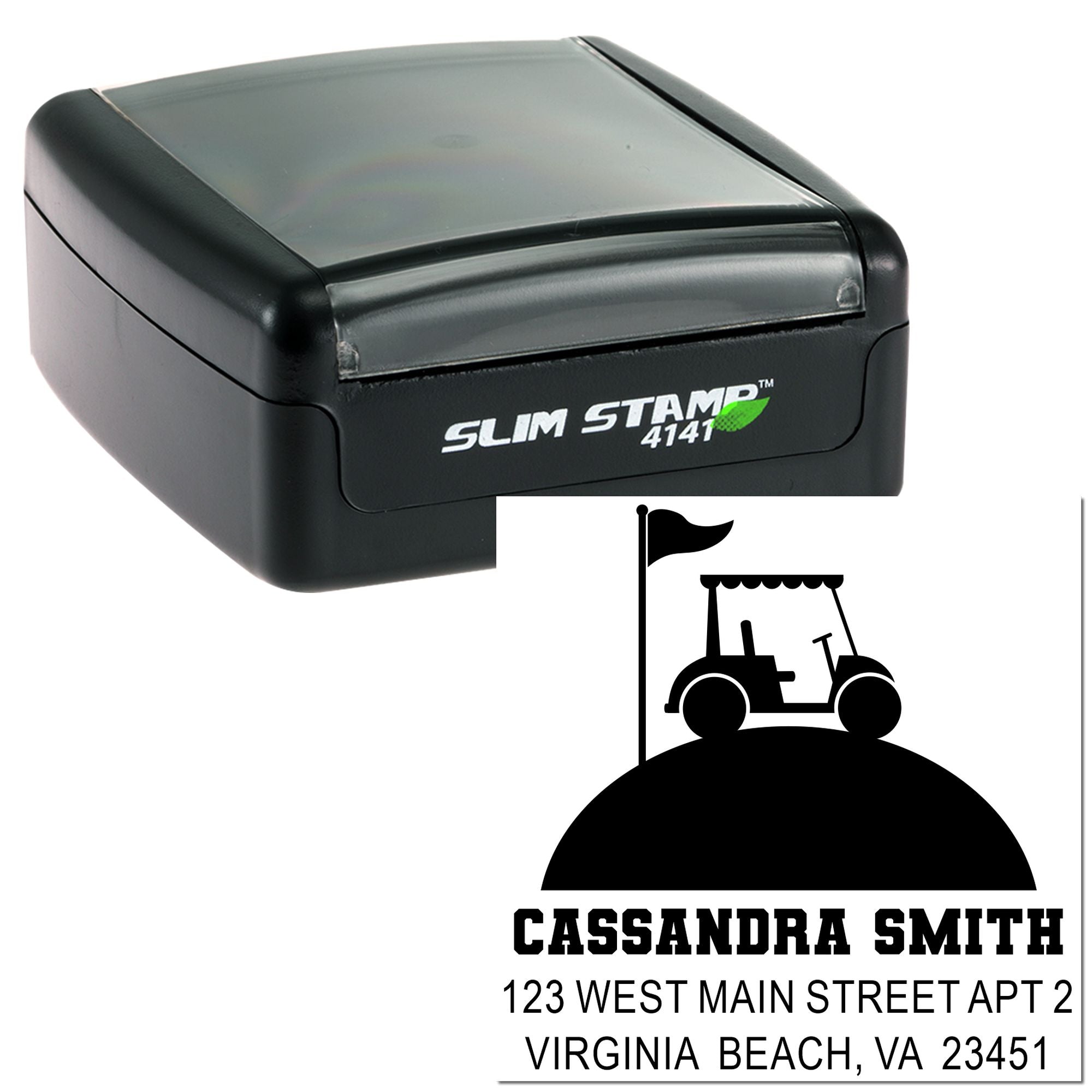 Slim Stamp 4141 self-inking rubber stamp with custom address and golf cart logo for personalized mail and business use