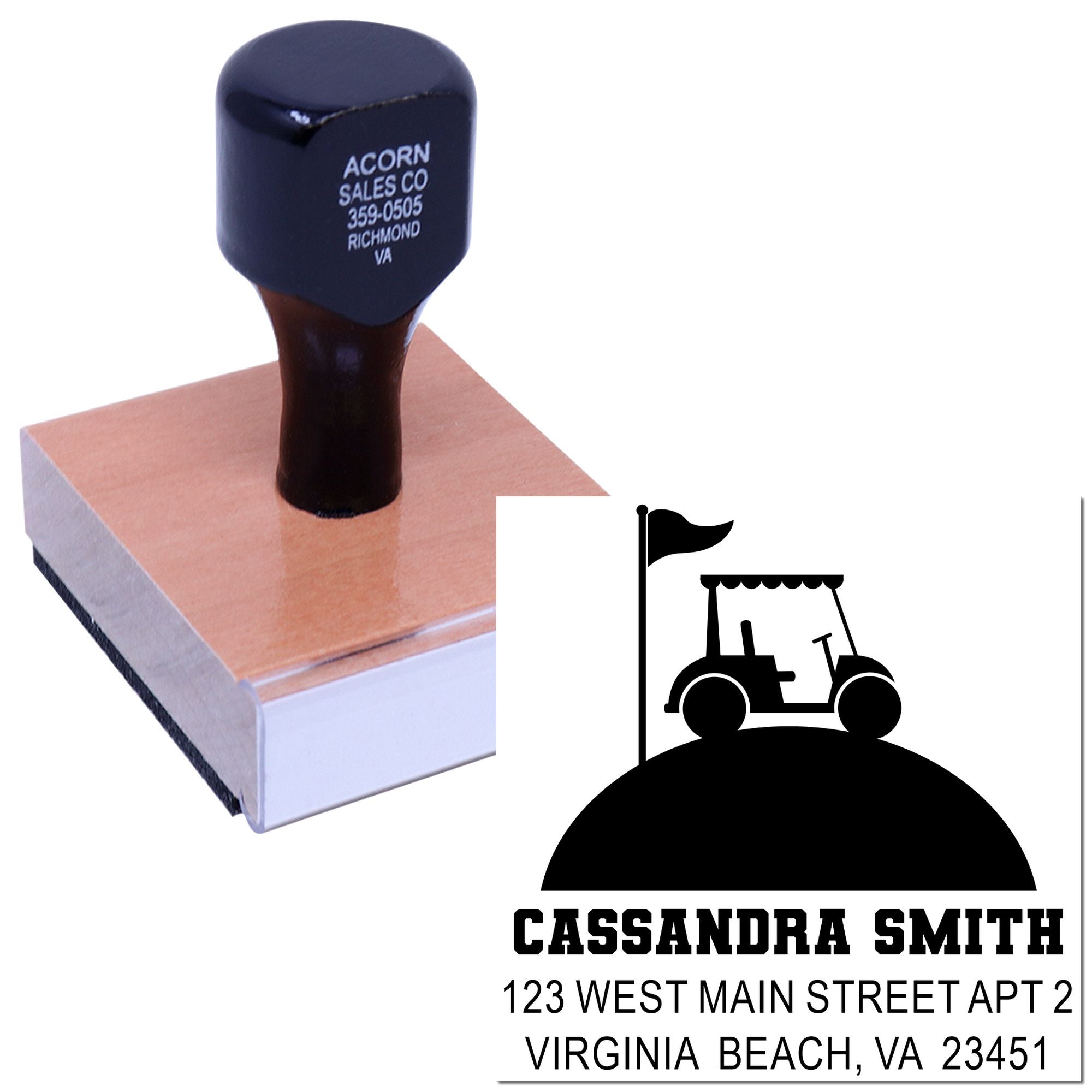 Custom rubber address stamp with golf cart logo and name imprint for Cassandra Smith in Virginia Beach, VA