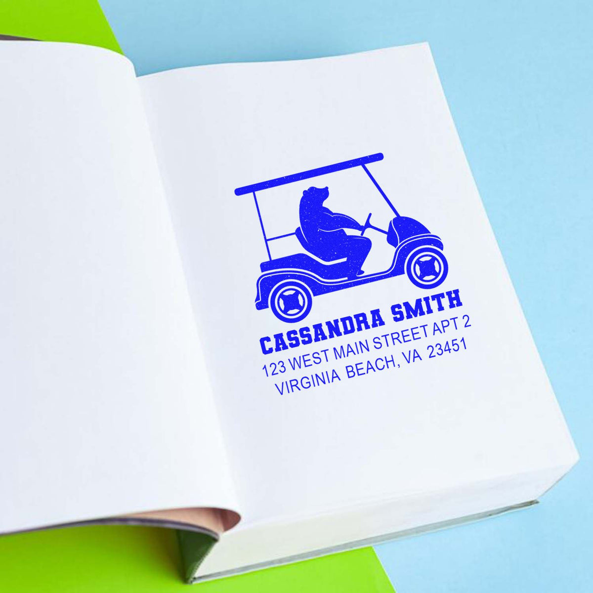 Custom rubber address stamp with golf cart design for mailing, branding, and personal stationery