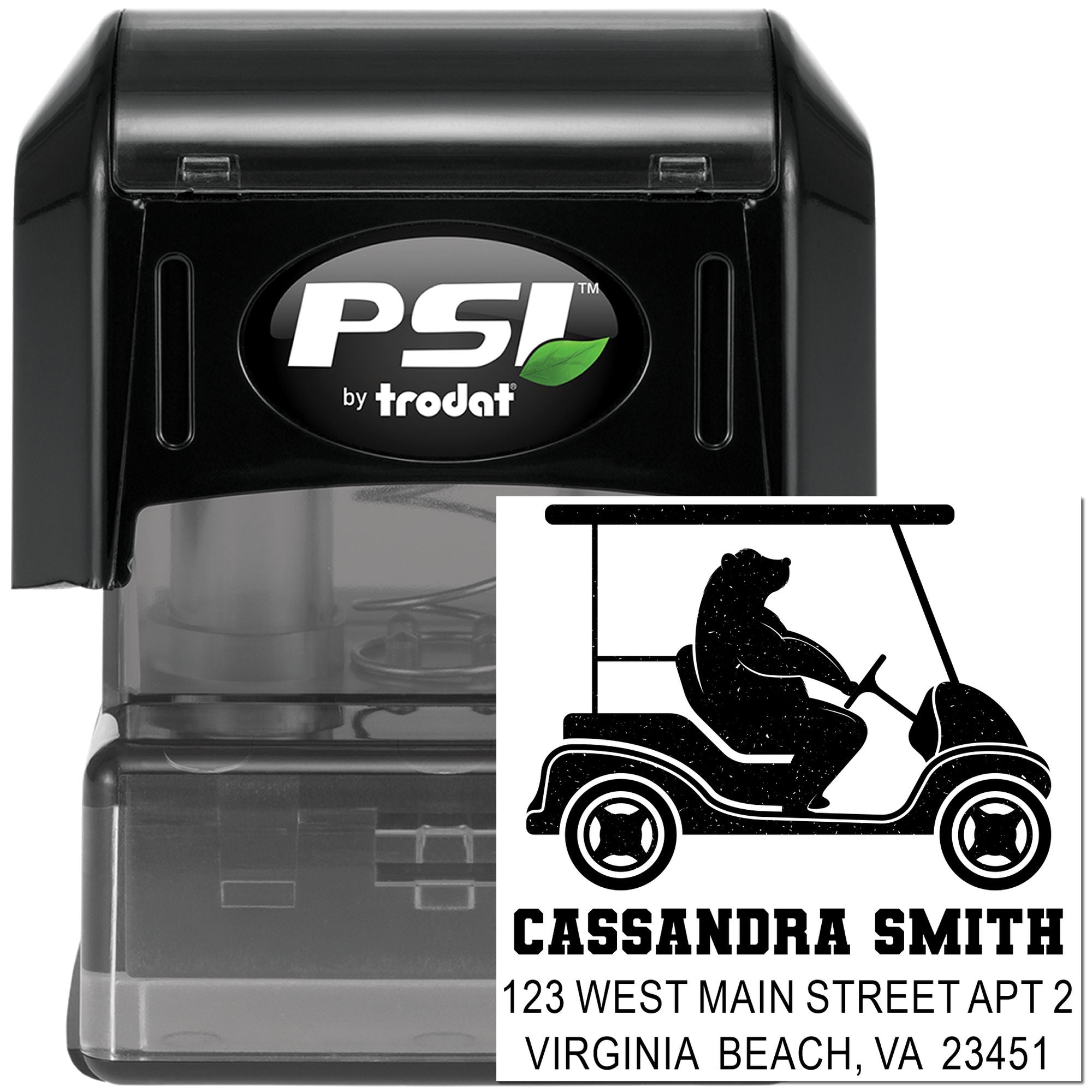 PSI by Trodat self-inking rubber stamp with custom golf cart address imprint for personalized mailing and business use