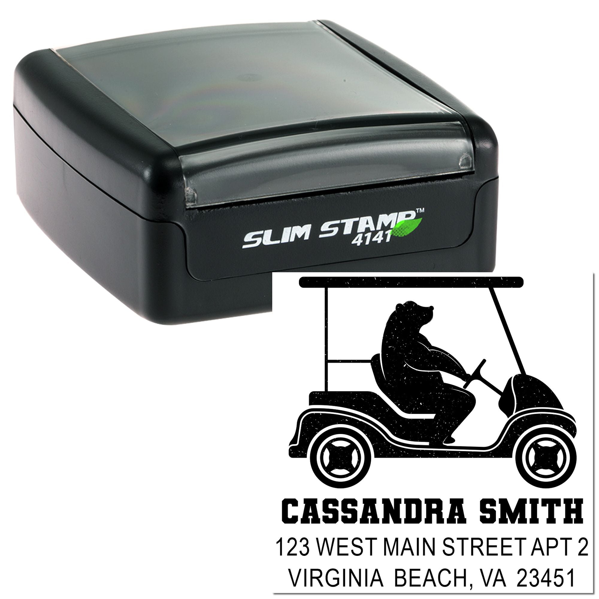 Bear Golf Cart Personalized Rubber Pre-Inked Stamp, 1-5/8" Square Tag Stamp for Golf Enthusiasts and Crafting