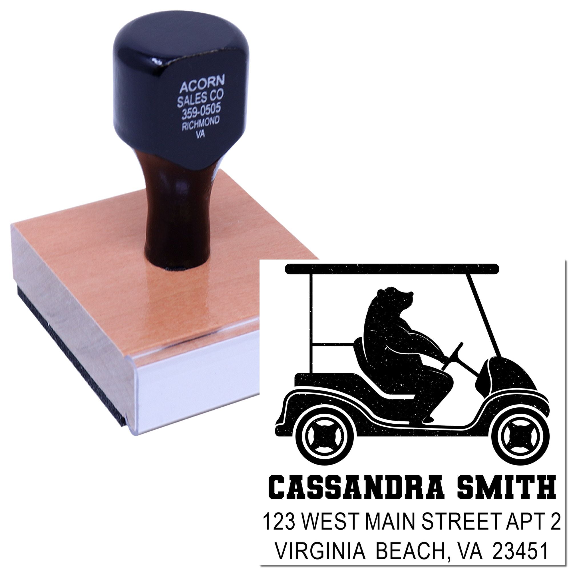 Custom rubber stamp with golf cart address design, featuring personalized name and return address for mailing and business use.