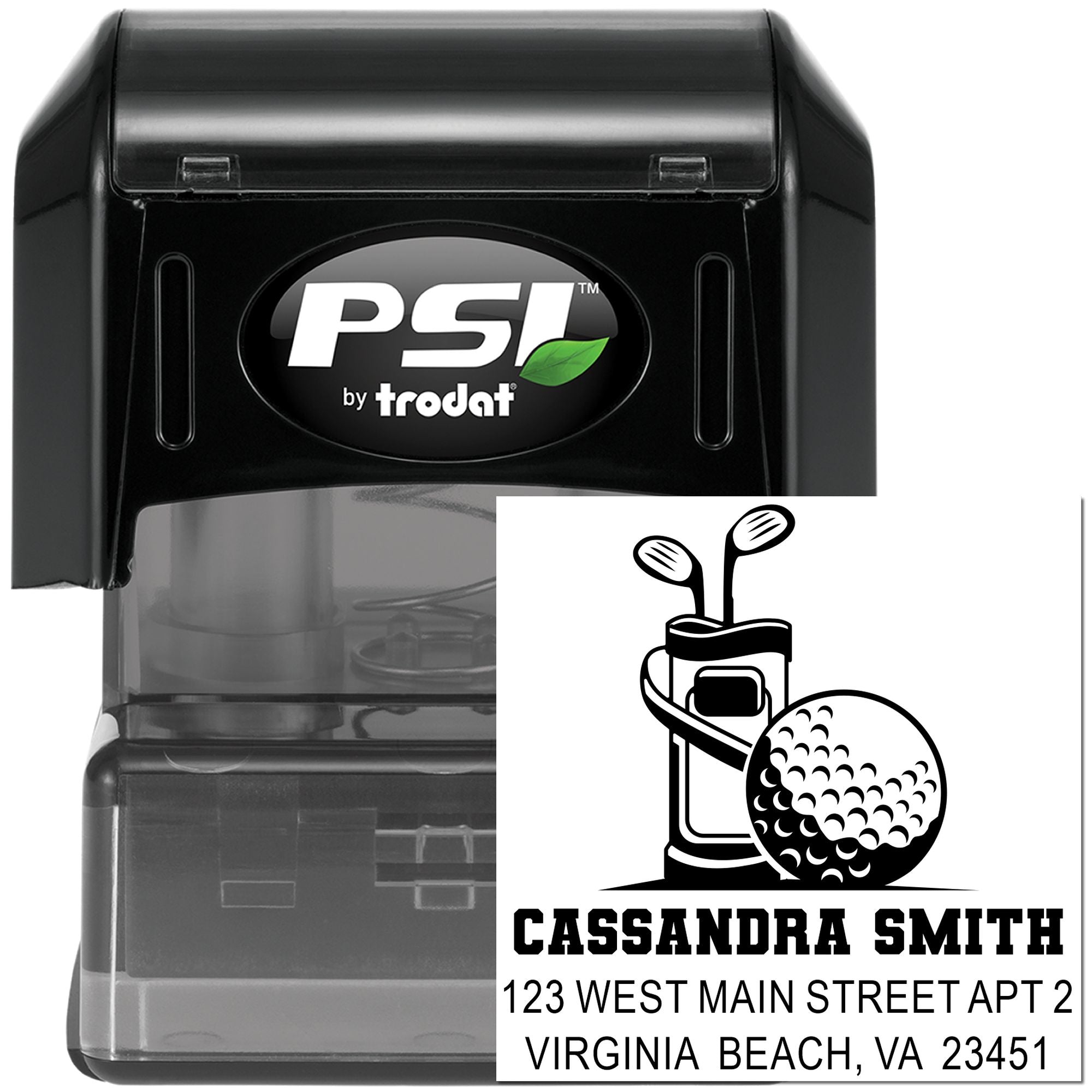 PSI by Trodat custom self-inking rubber stamp with golf bag design and return address imprint for personalized mailing.