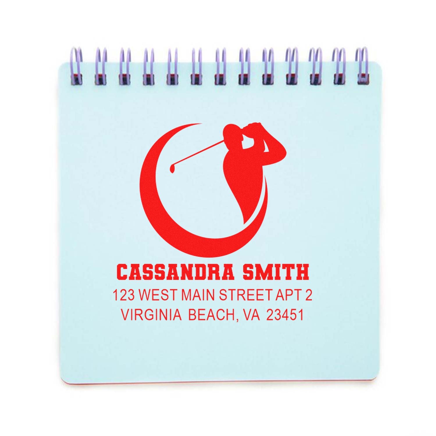 Custom golf logo rubber address stamp with name and Virginia Beach address for personalized stationery.