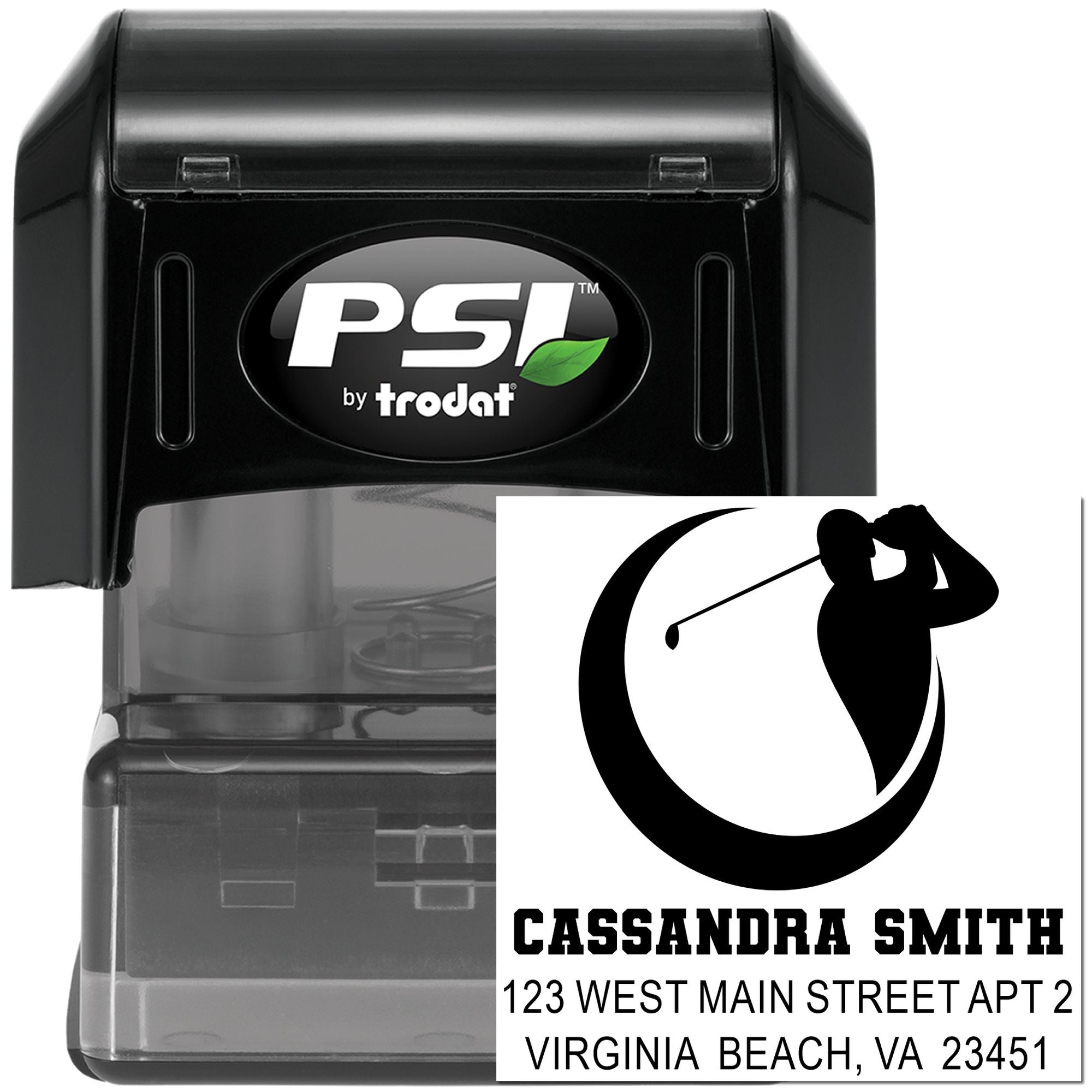 PSI by Trodat custom self-inking rubber address stamp with golfer logo and personalized name and address