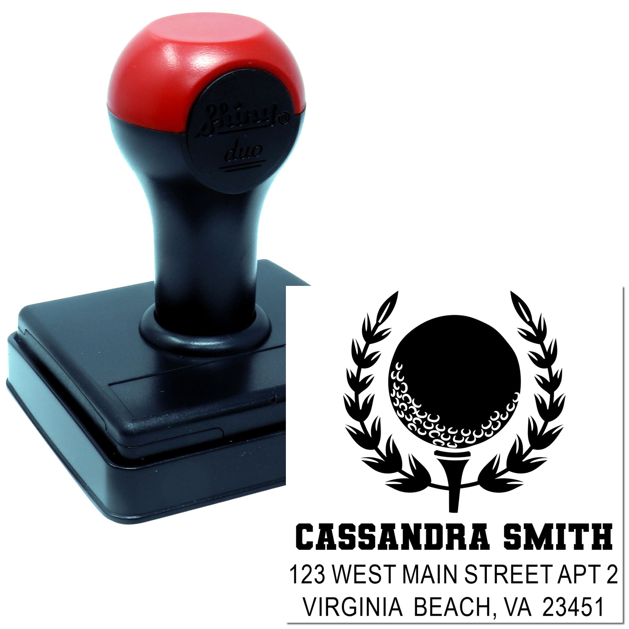 Custom self-inking return address rubber stamp with name and Virginia Beach address imprint