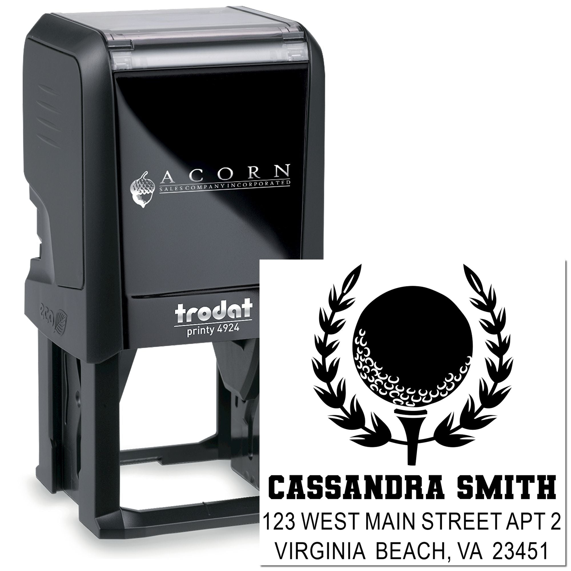 Custom self-inking rubber stamp with personalized name, address, and logo design for business or return address use.
