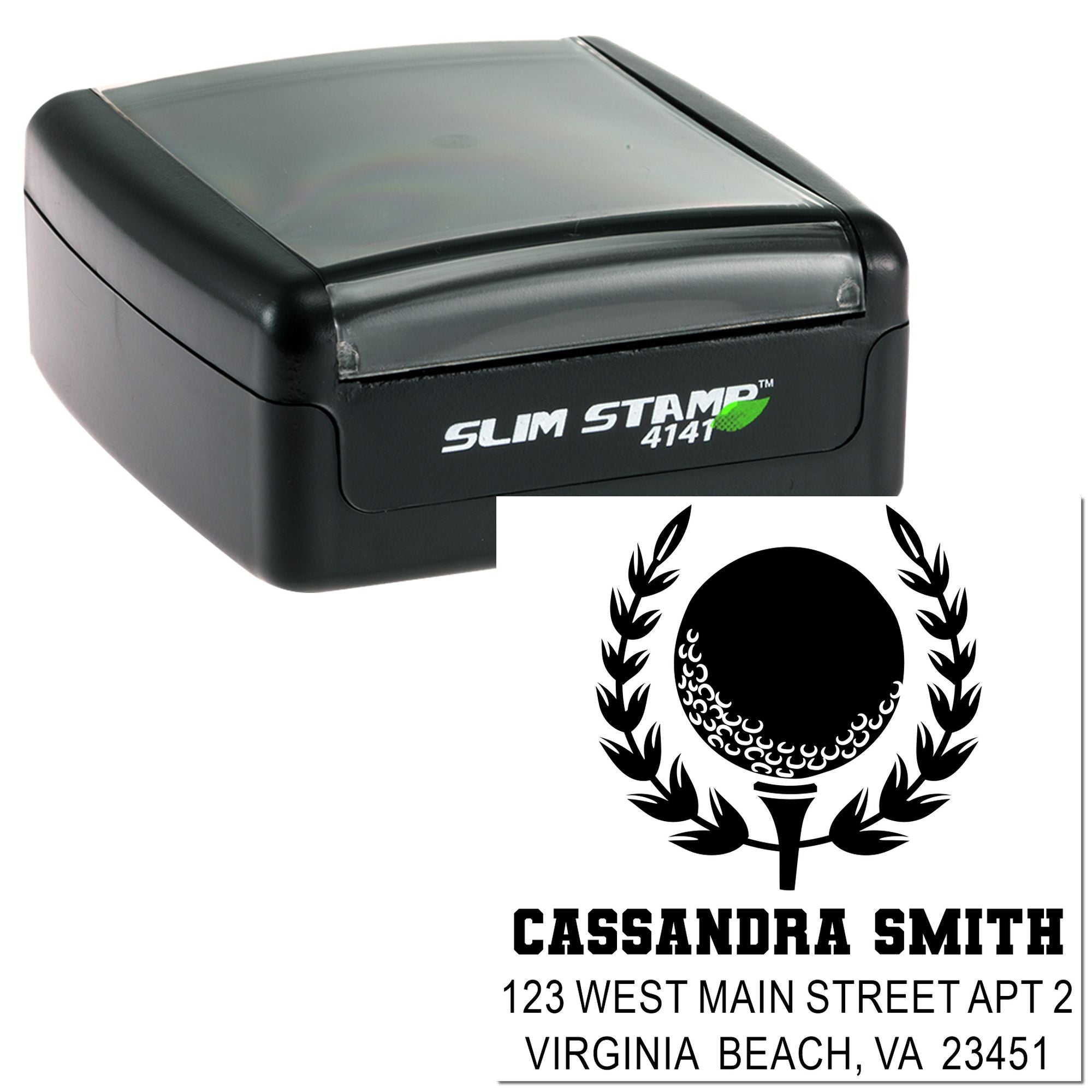 Custom self-inking address rubber stamp with Slim Stamp 4141 case and personalized return address imprint.