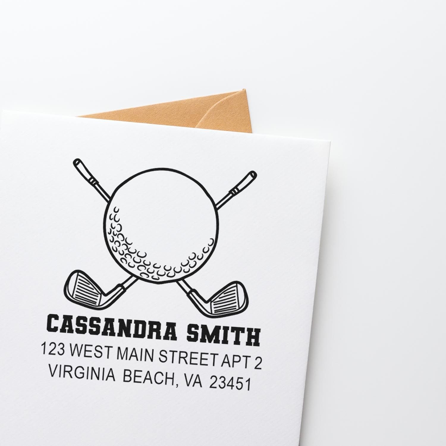 Custom golf return address rubber stamp with crossed clubs and ball design for personalized envelopes and stationery.