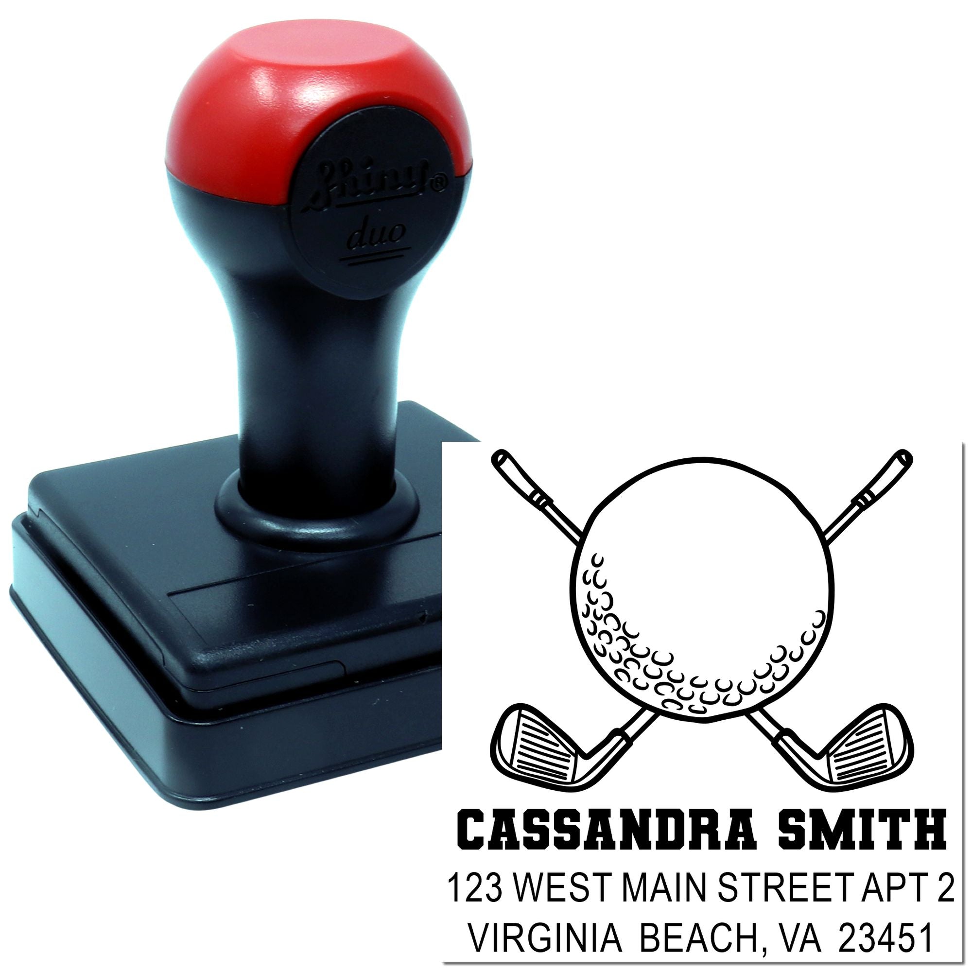 Custom self-inking rubber stamp with golf club design, name, and address for personalized mailing or golf-themed branding.