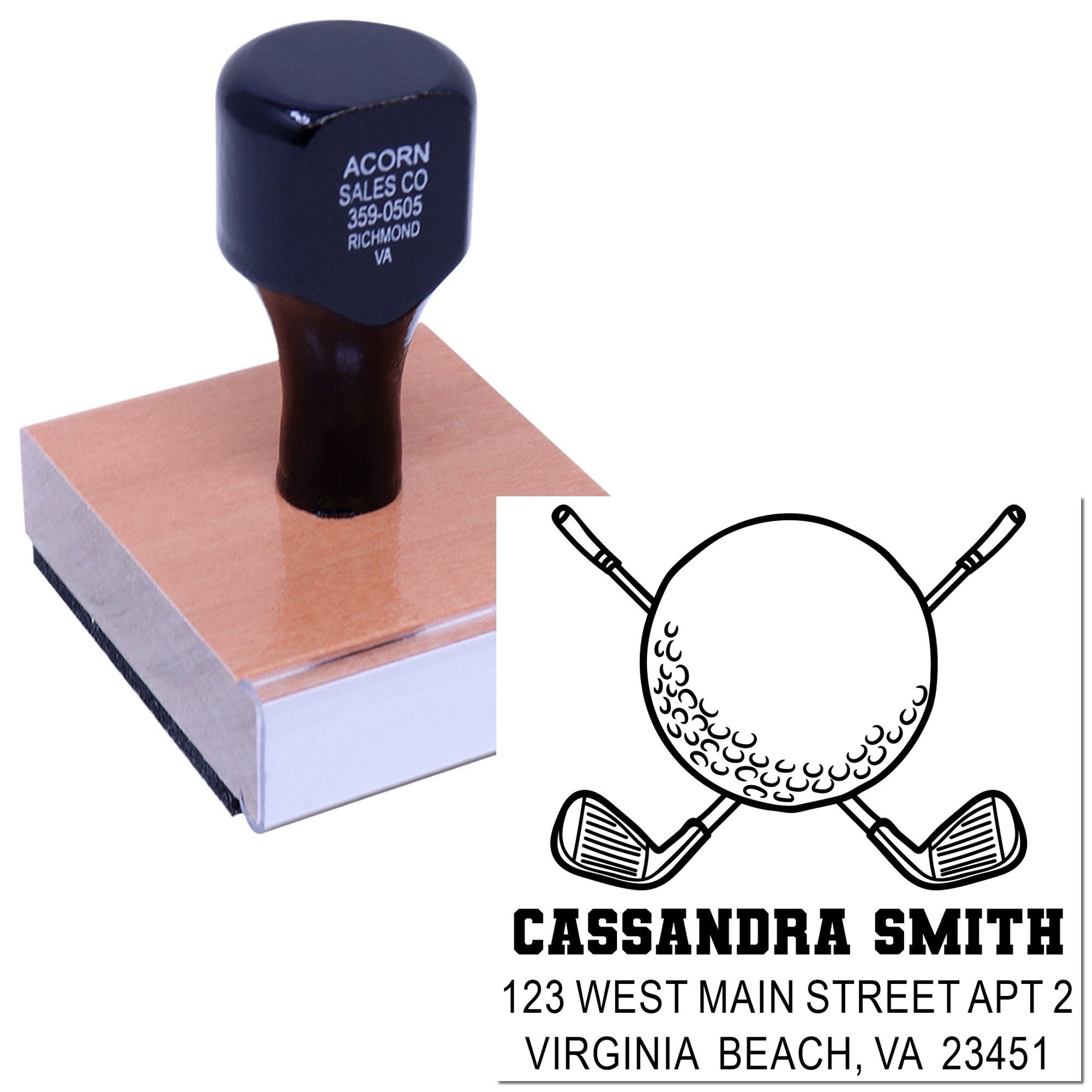 Custom golf-themed rubber stamp with golfer icon and personalized return address imprint for Cassandra Smith, Virginia Beach, VA.