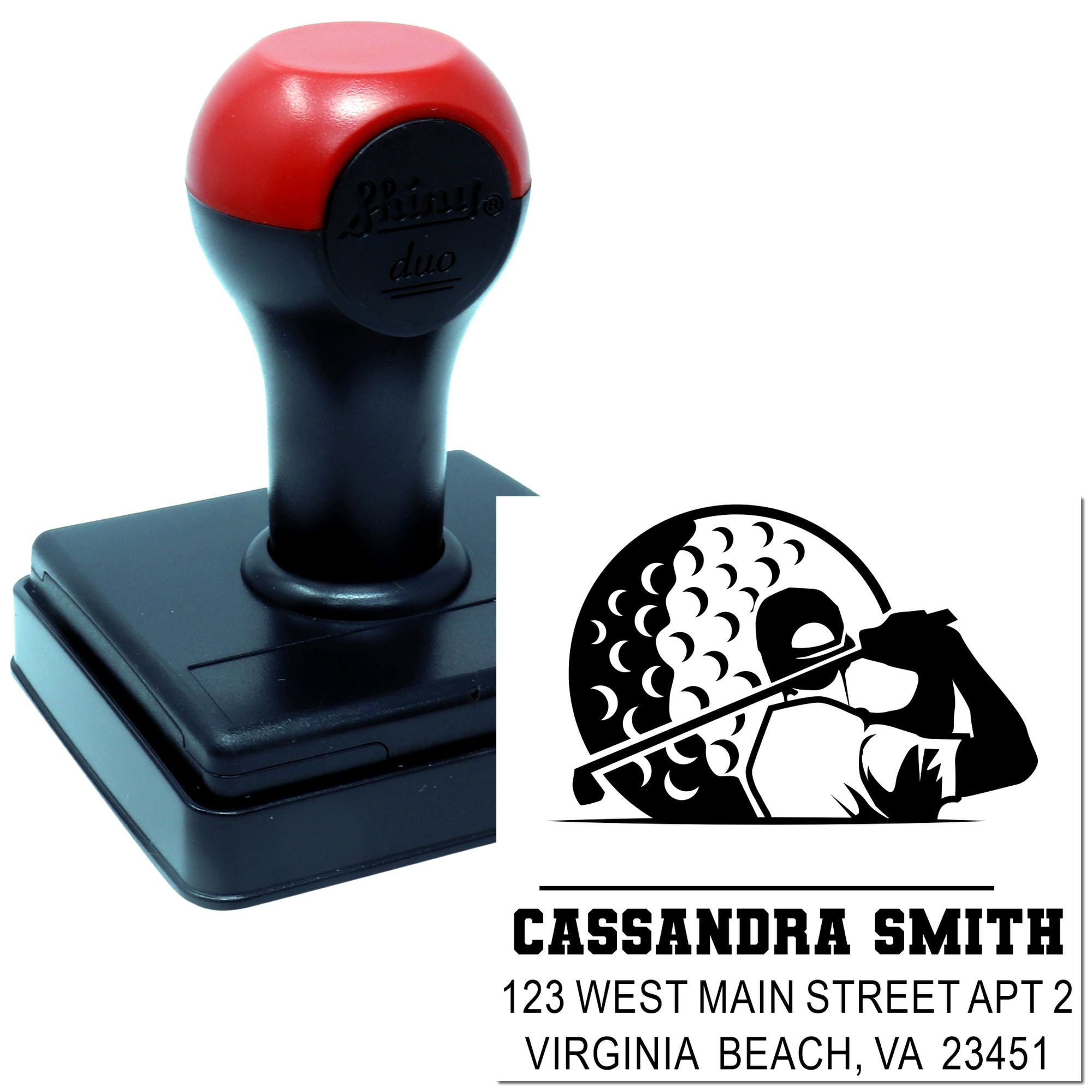 Custom self-inking rubber address stamp with cricket player logo and Cassandra Smith return address imprint.