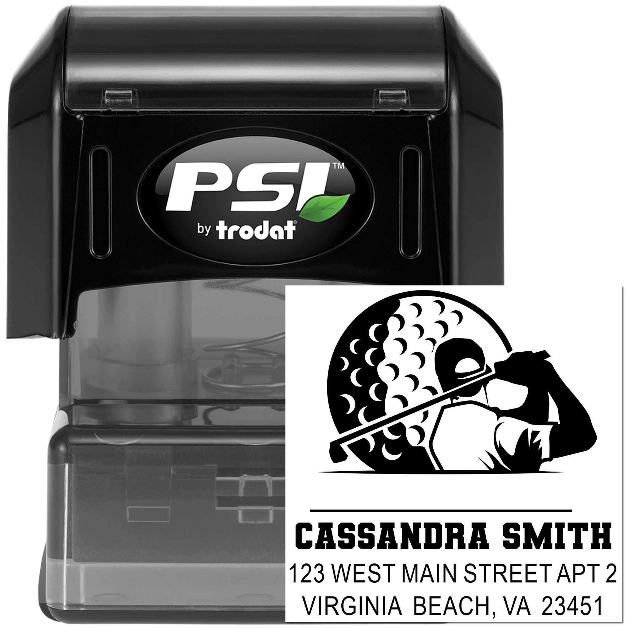 Custom self-inking address stamp with golfer design and Cassandra Smith Virginia Beach VA return address, PSI by Trodat
