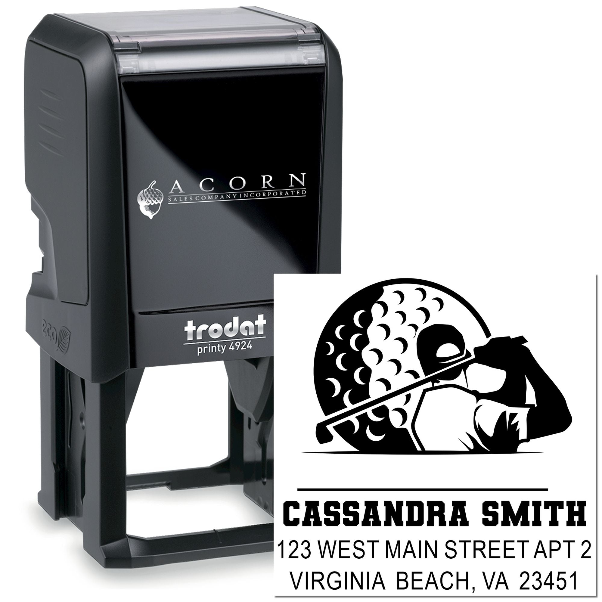 Custom self-inking rubber address stamp with golfer logo, name, and mailing details for personalized business use.