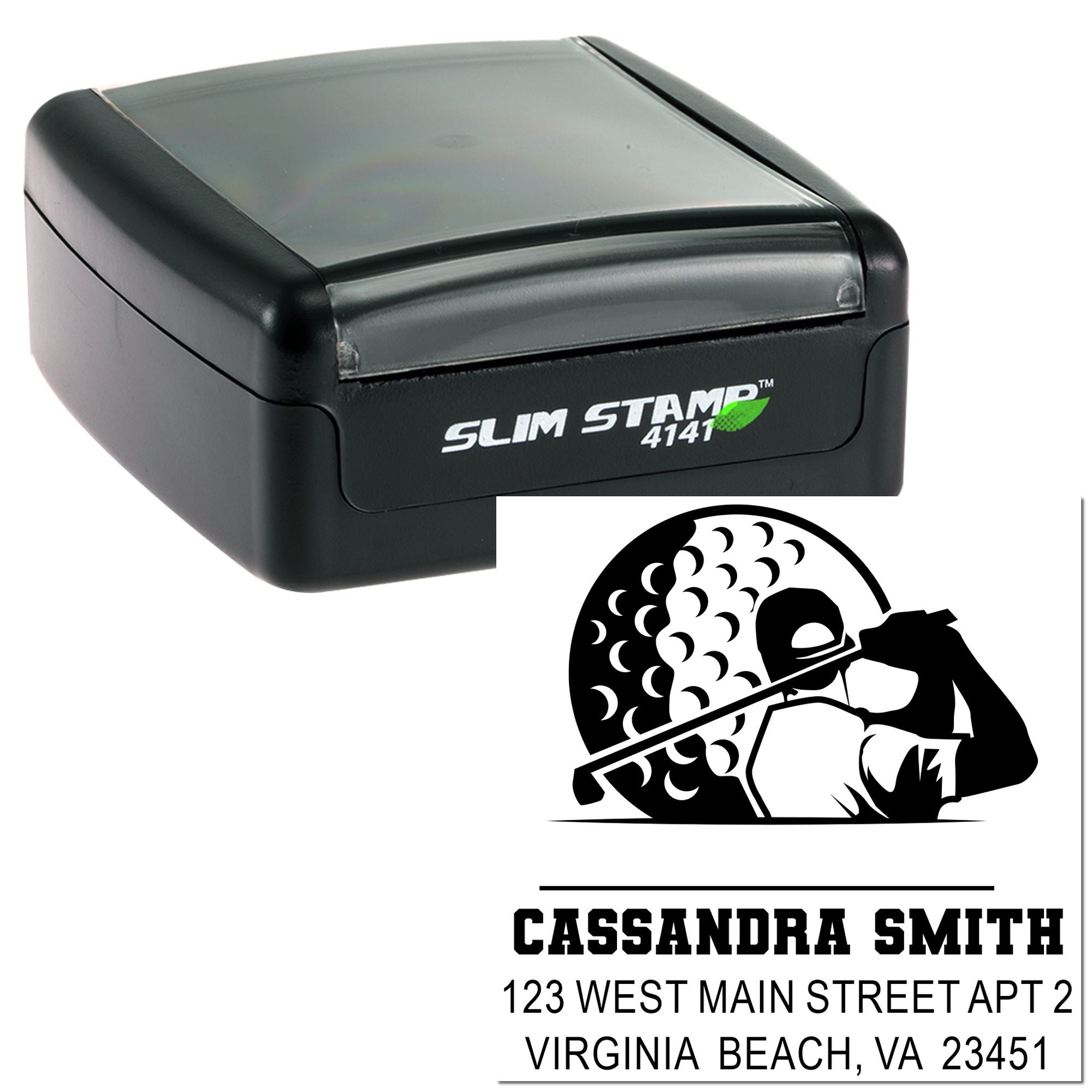 Custom self-inking rubber address stamp with hockey player design, name, and return address.
