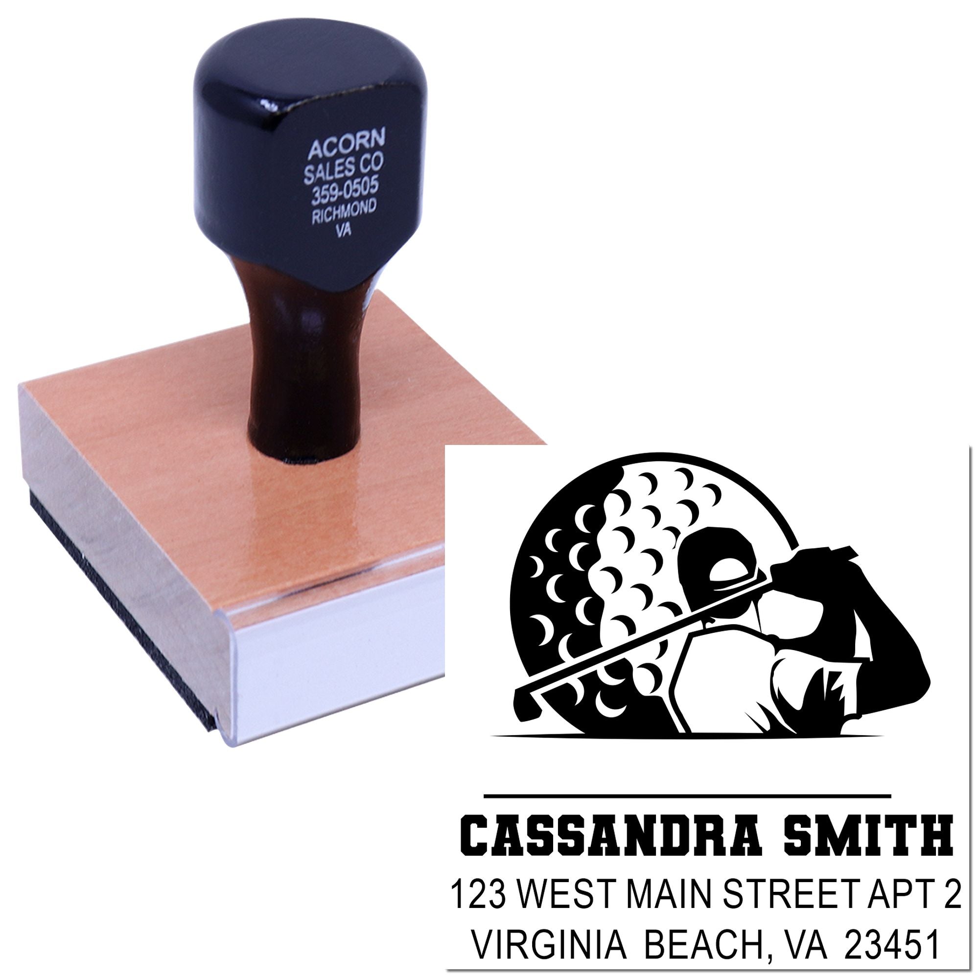 Custom rubber stamp with golfer logo, name, and address imprint for personalized business or return address use.
