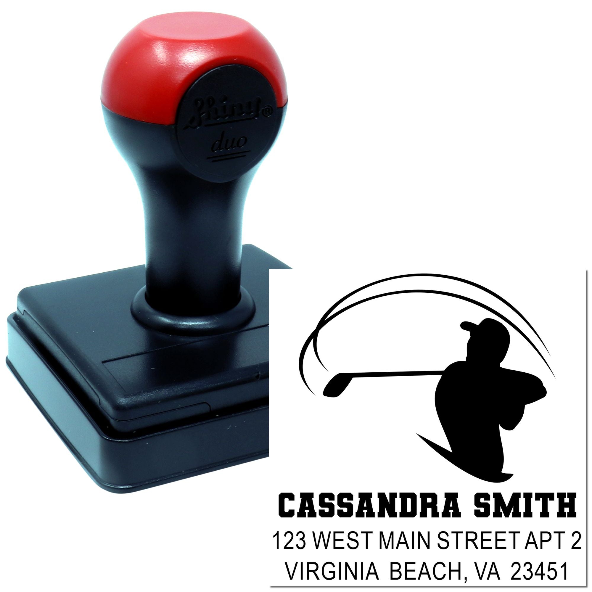 Custom self-inking rubber address stamp featuring golfer silhouette, Cassandra Smith, and Virginia Beach, VA address.