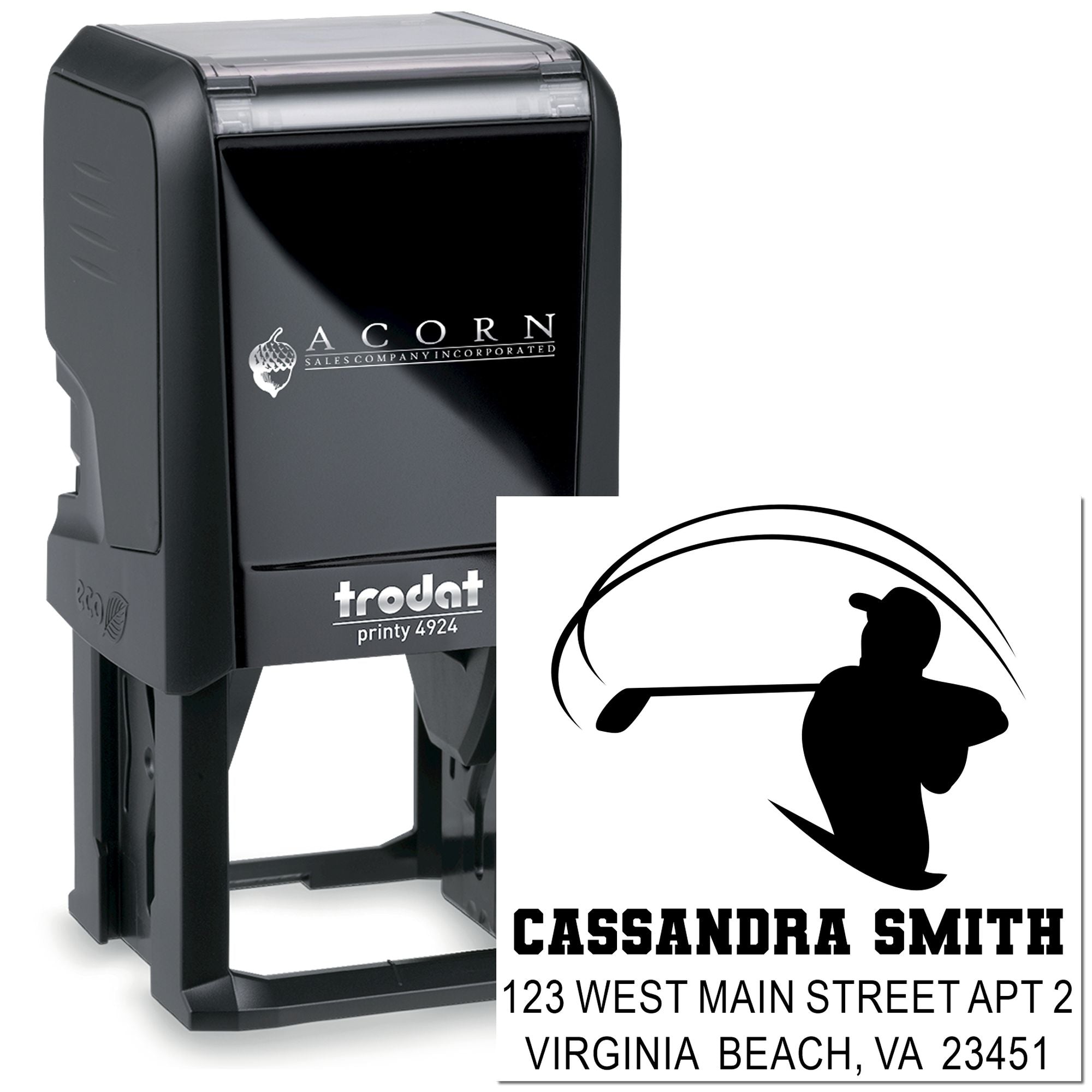 Custom self-inking rubber stamp with golfer logo and return address, Trodat Printy 4924 for personalized mailing