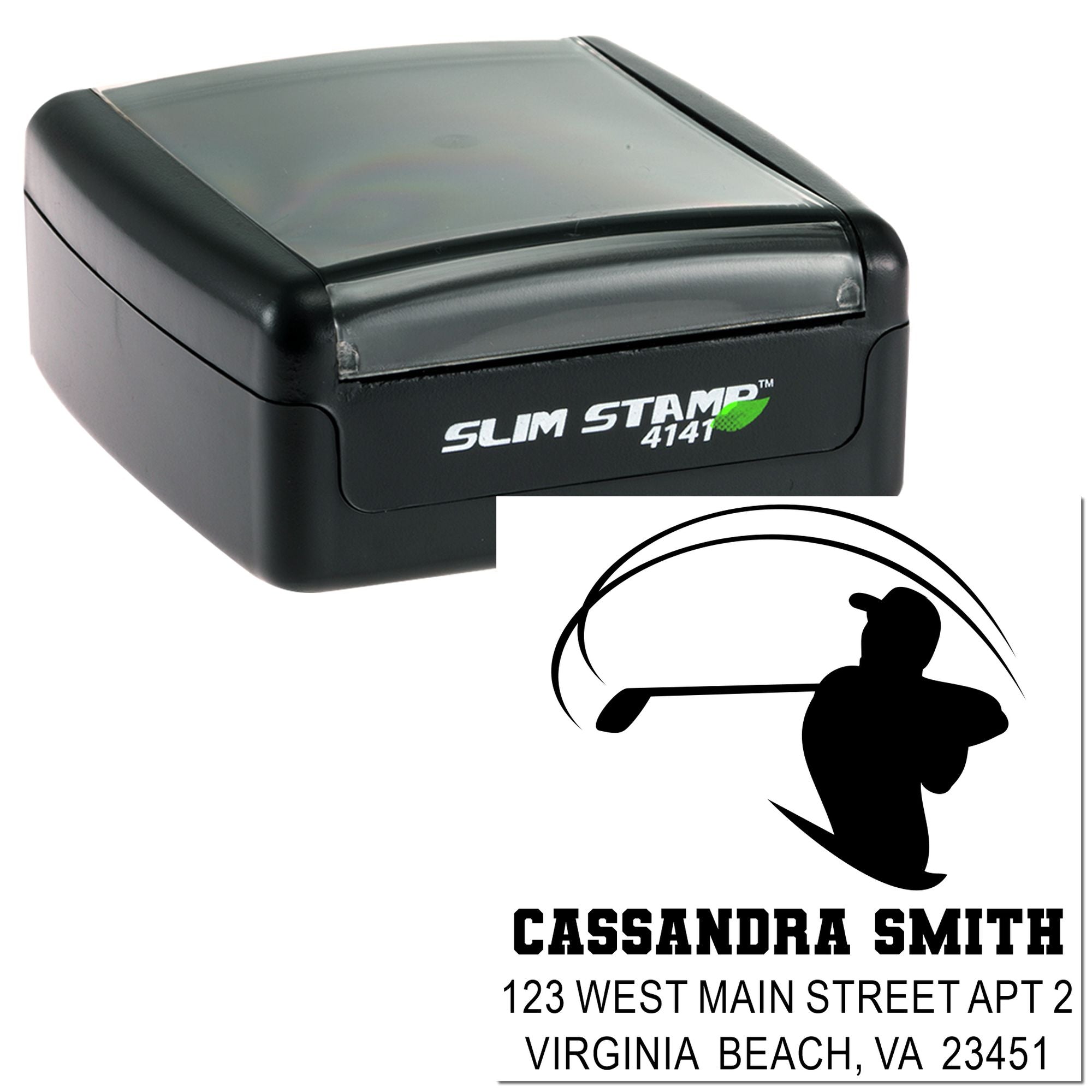 Custom Slim Stamp 4141 rubber stamp with golfer return address design for Cassandra Smith, Virginia Beach, VA.