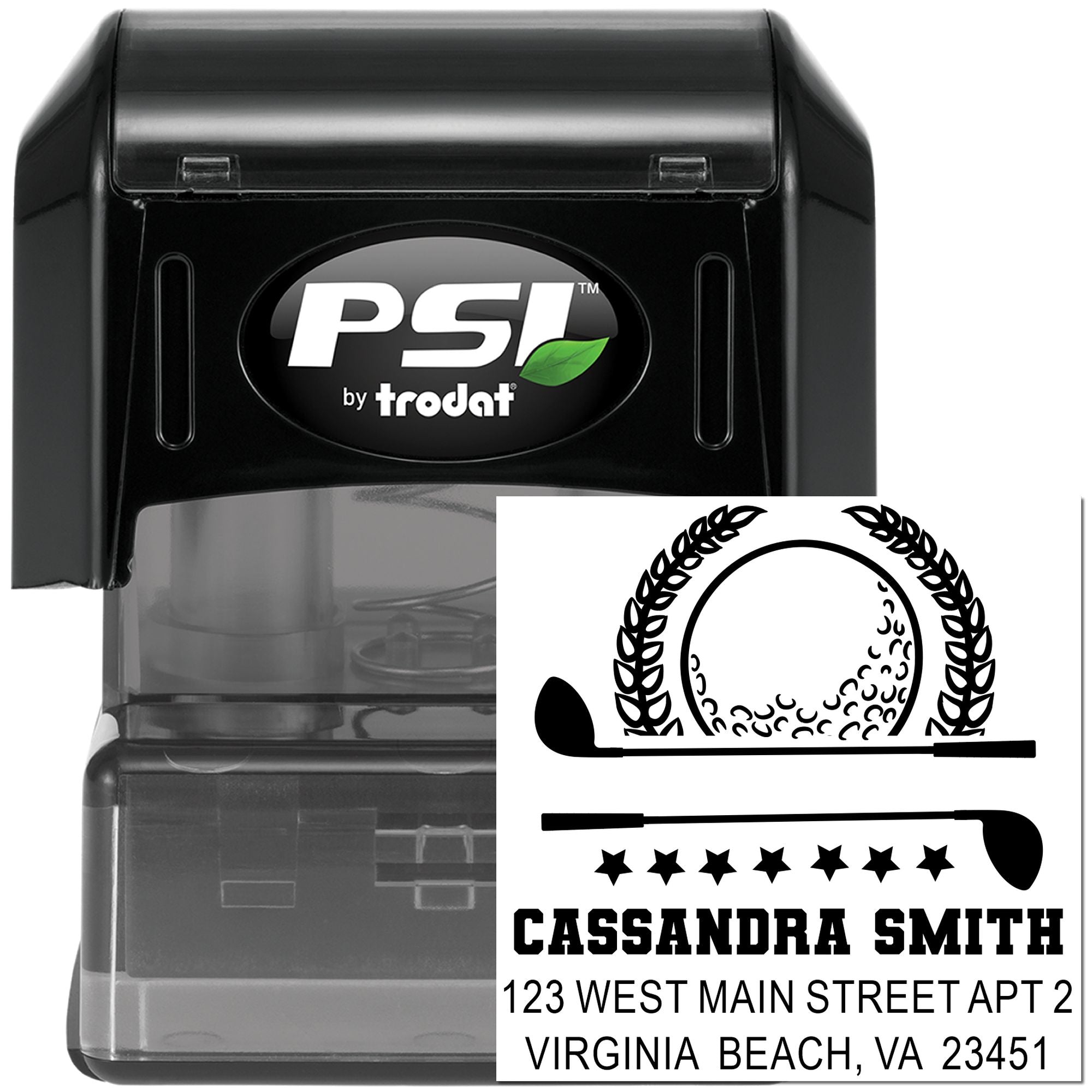 Custom self-inking golf address rubber stamp by PSI Trodat with personalized name and Virginia Beach, VA address.