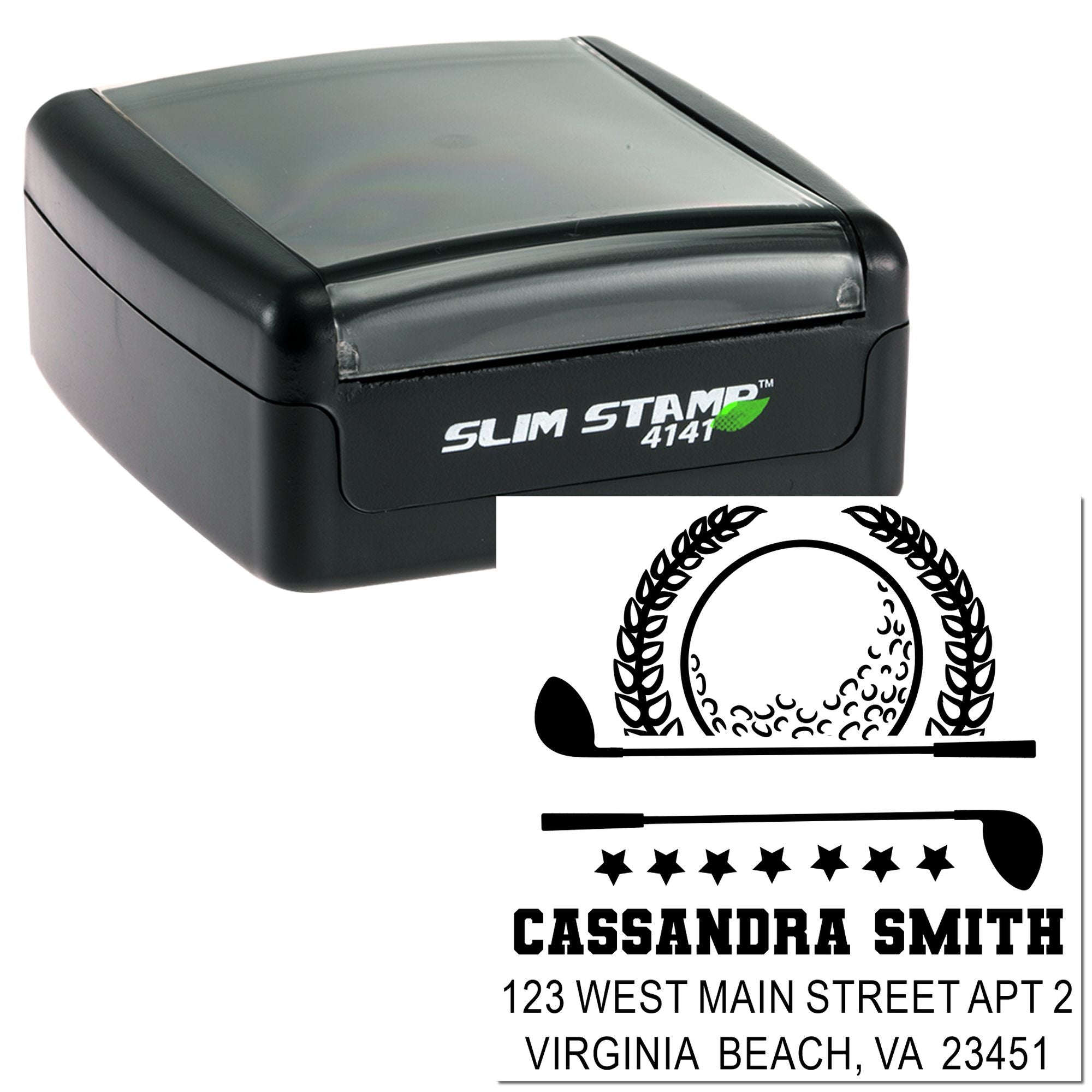 Custom self-inking rubber address stamp with golf-themed return address design for personalized mailing.