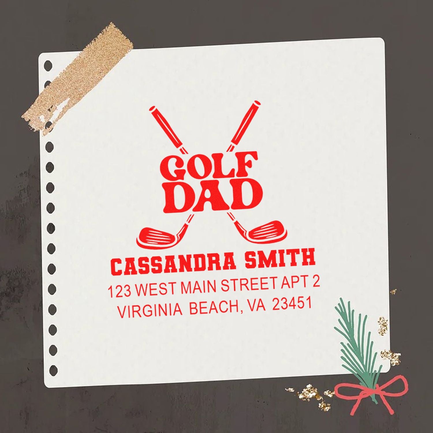 Personalized Golf Dad rubber stamp with crossed clubs and return address for custom mailing labels.