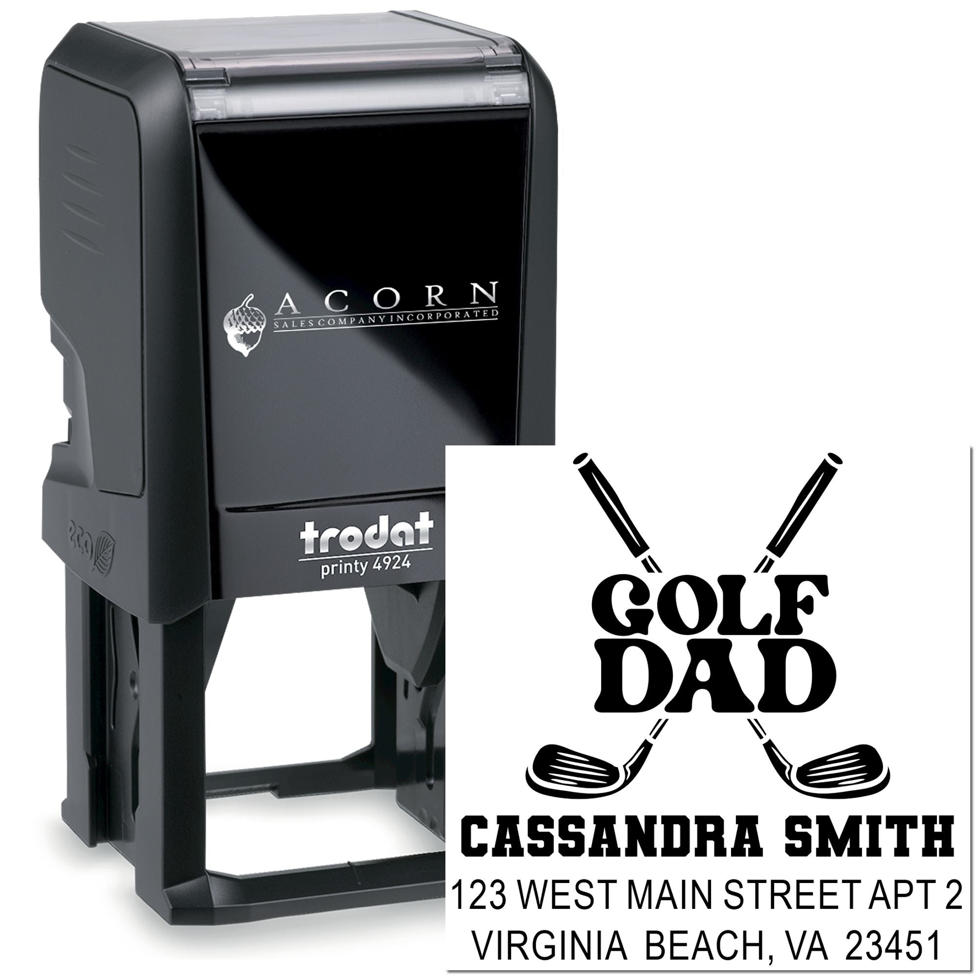 Custom self-inking rubber stamp with Golf Dad return address design for personalized mailing and golf-themed gifts.