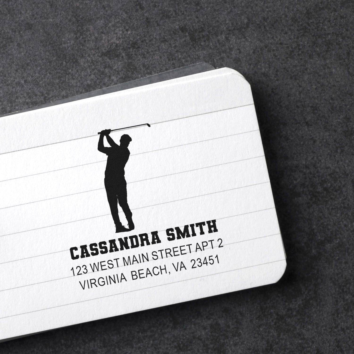 Custom golf golfer address rubber stamp design with name, street address, and Virginia Beach, VA return address.