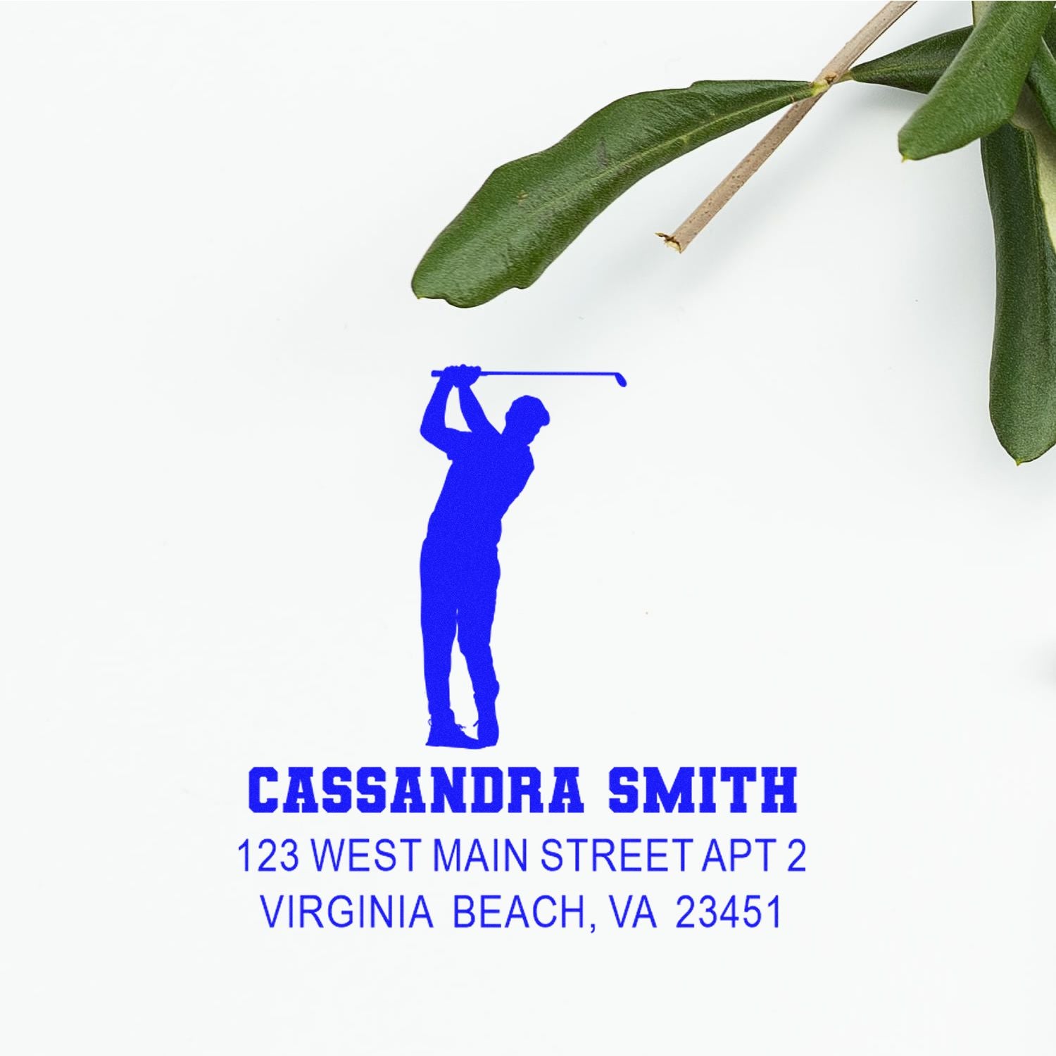Custom golf return address rubber stamp for Cassandra Smith, Virginia Beach VA, with golfer silhouette and address.