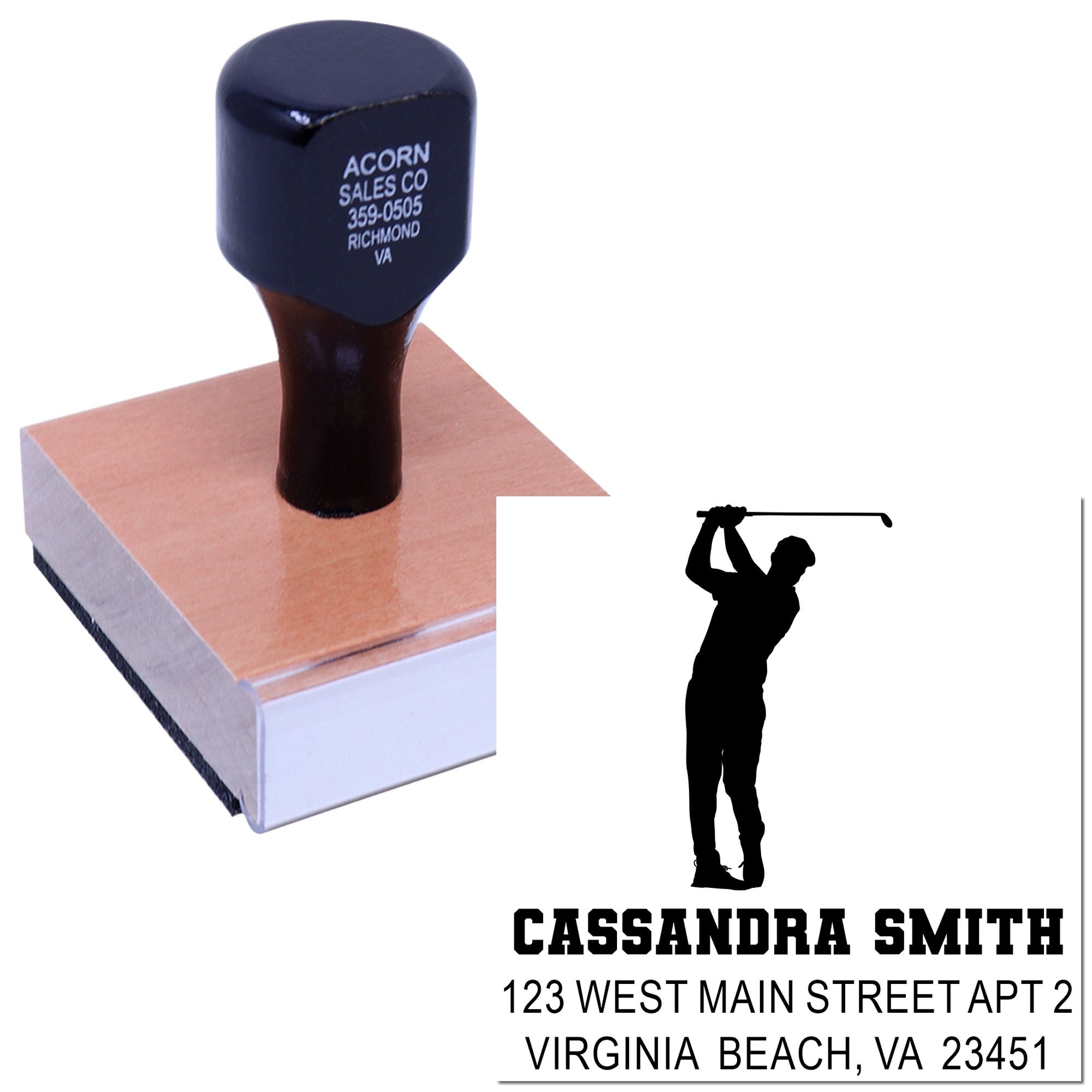 Personalized golf return address rubber stamp with golfer silhouette, name, and mailing address.