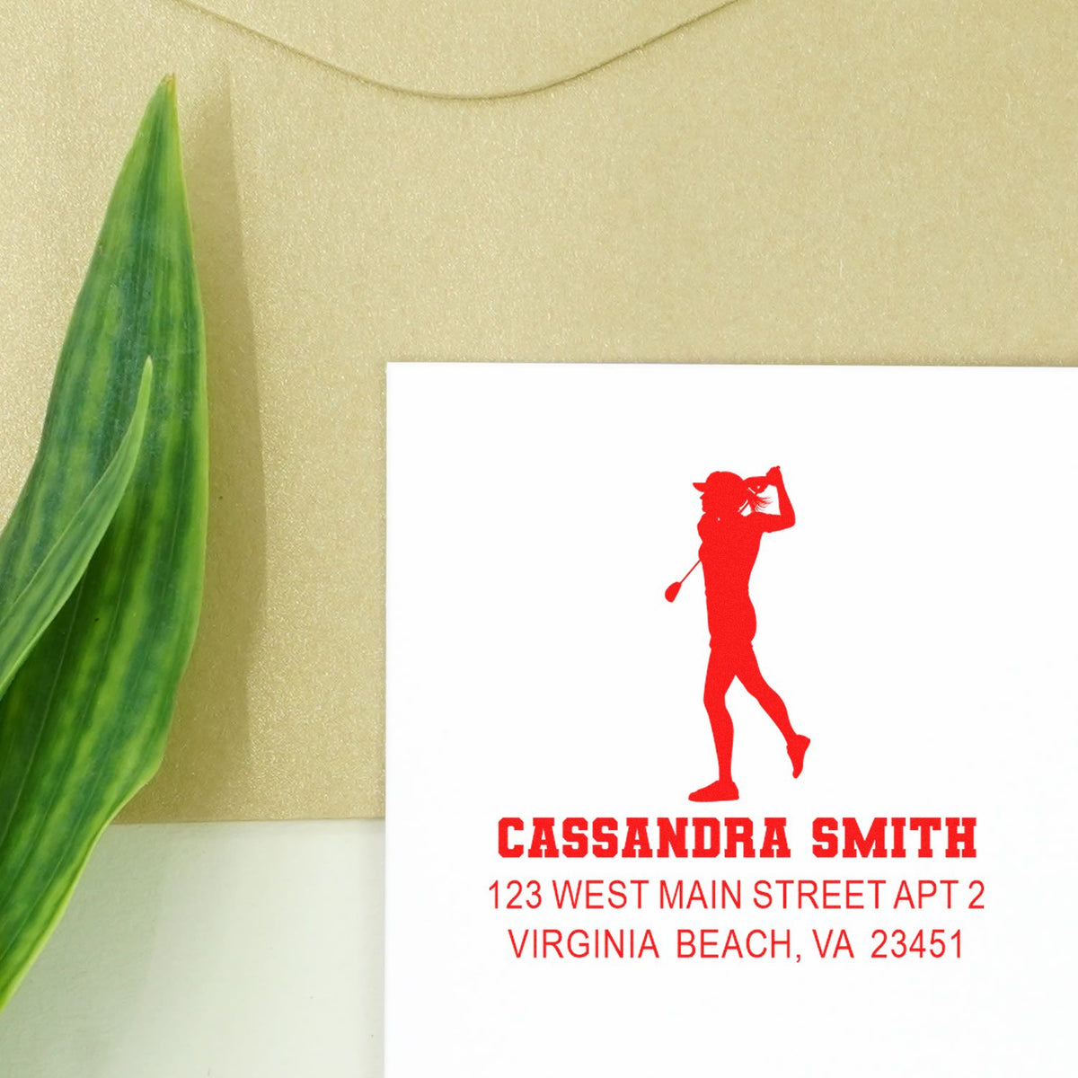 Custom golf silhouette return address rubber stamp with Cassandra Smith address, Virginia Beach, VA