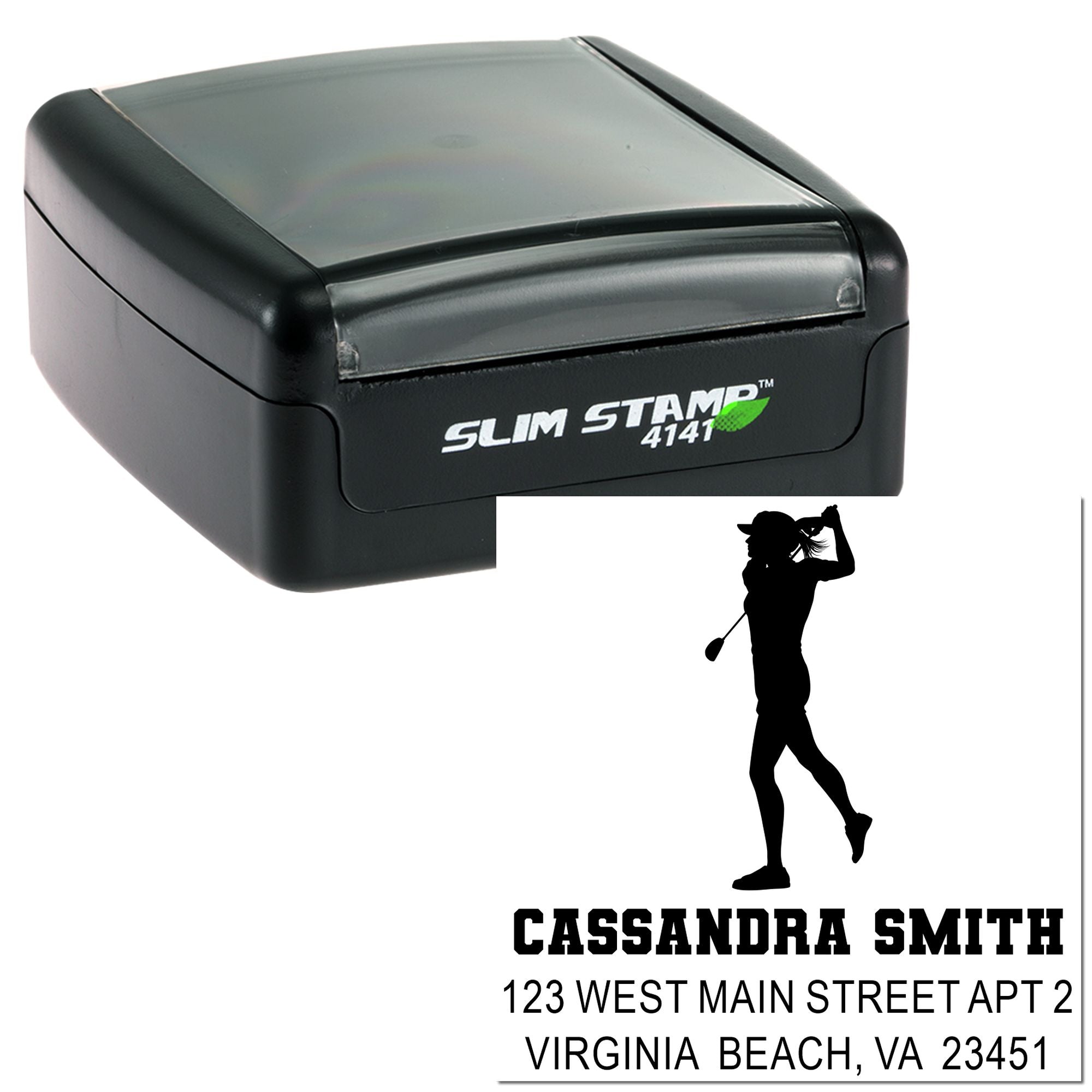 Custom golf-themed self-inking rubber stamp with name and address, featuring golfer silhouette and Slim Stamp 4141 case.
