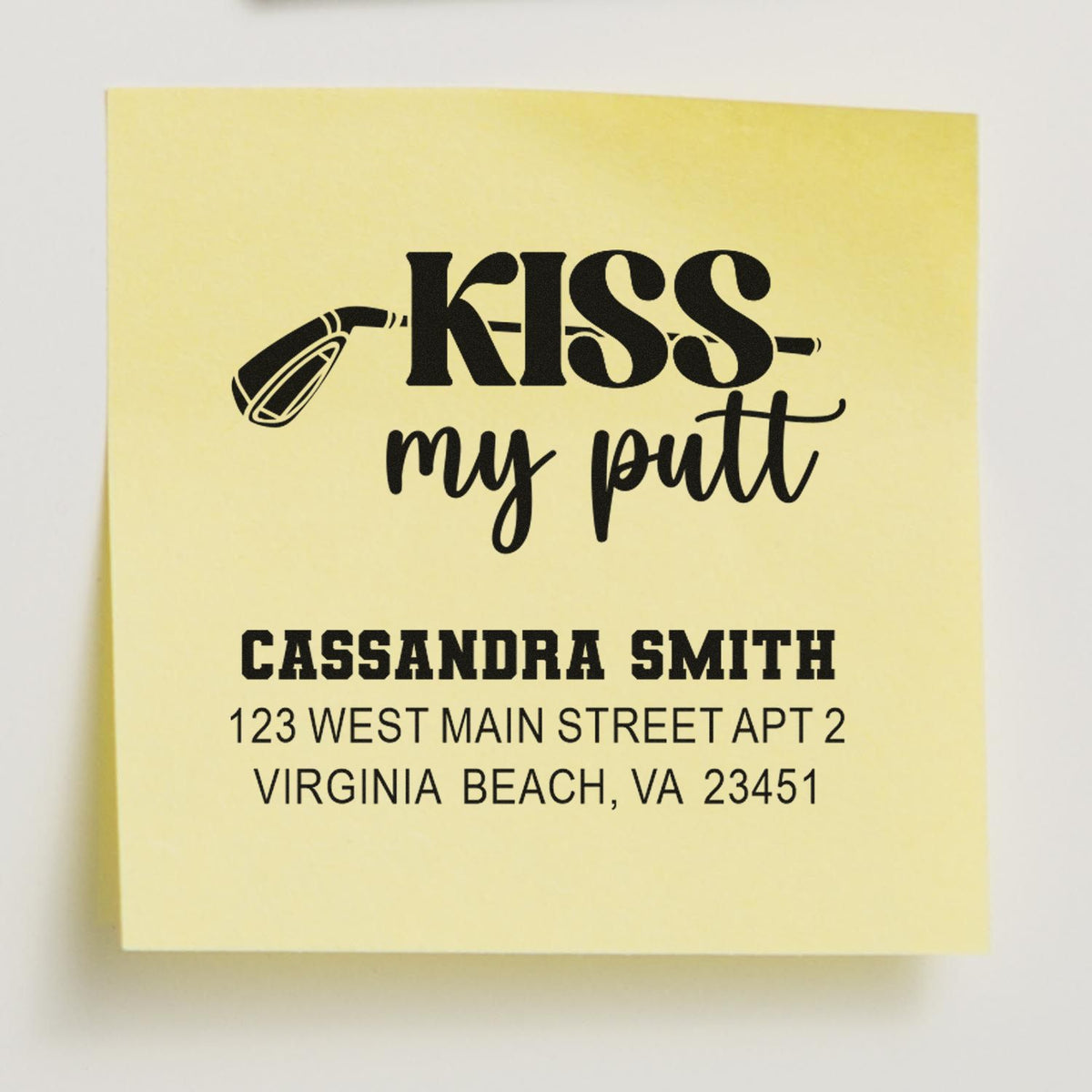 Custom golf return address rubber stamp with Kiss My Putt design, personalized name and address for mailing and packaging.
