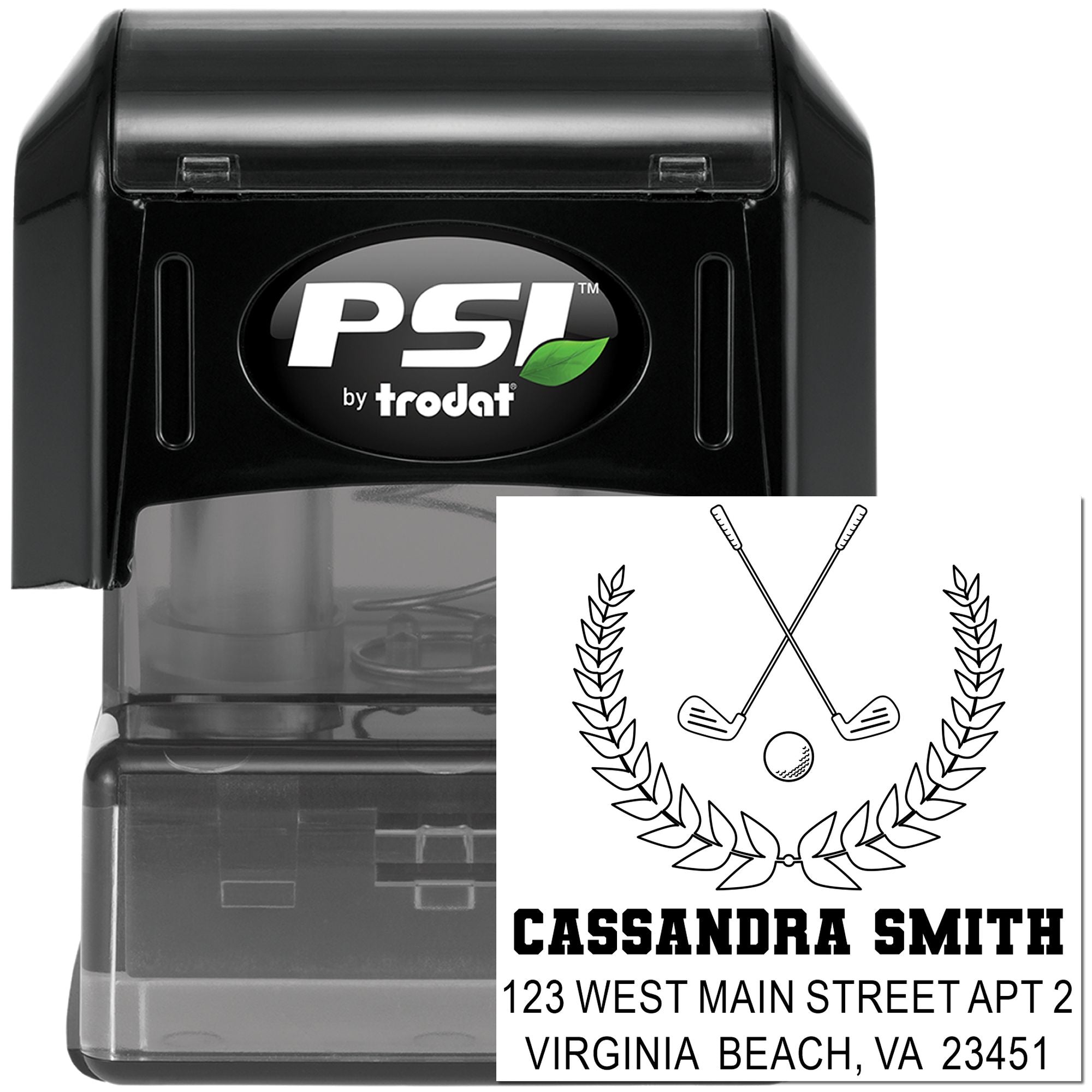 Custom golf return address self-inking rubber stamp with personalized name, crossed clubs, and address design.