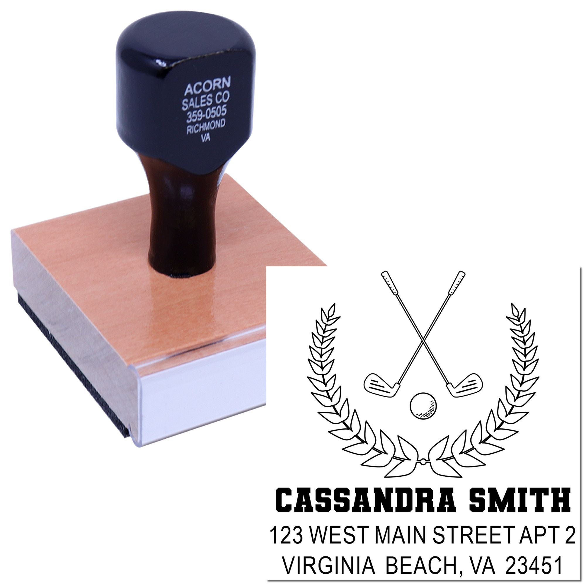 Custom golf return address rubber stamp with name and mailing address, featuring crossed clubs and laurel design.